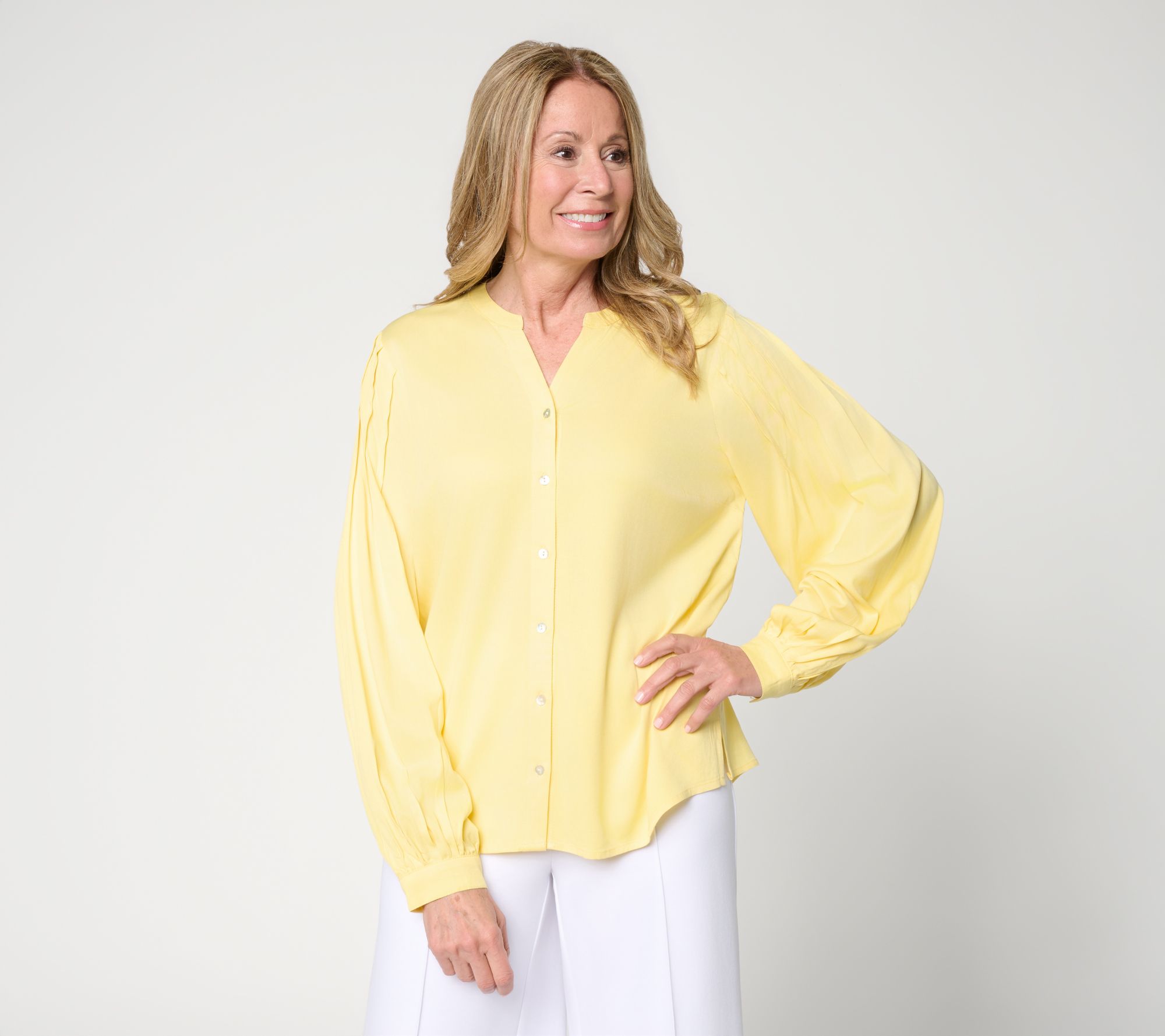"As Is" nicole by Nicole Miller Stretch Challis Blouse w/Pleated Slvs