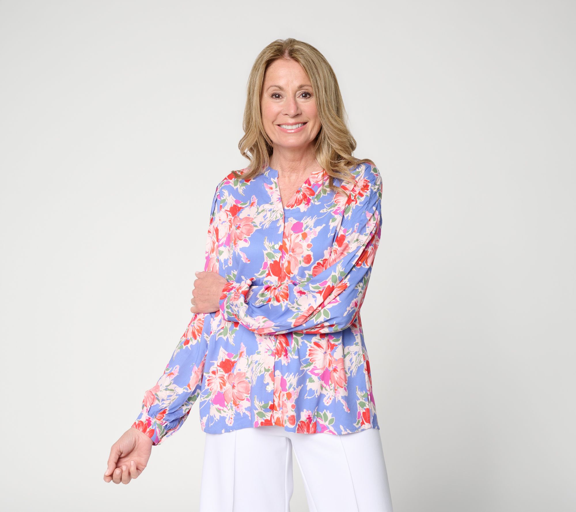 "As Is" nicole by Nicole Miller Stretch Challis Blouse w/Pleated Slvs