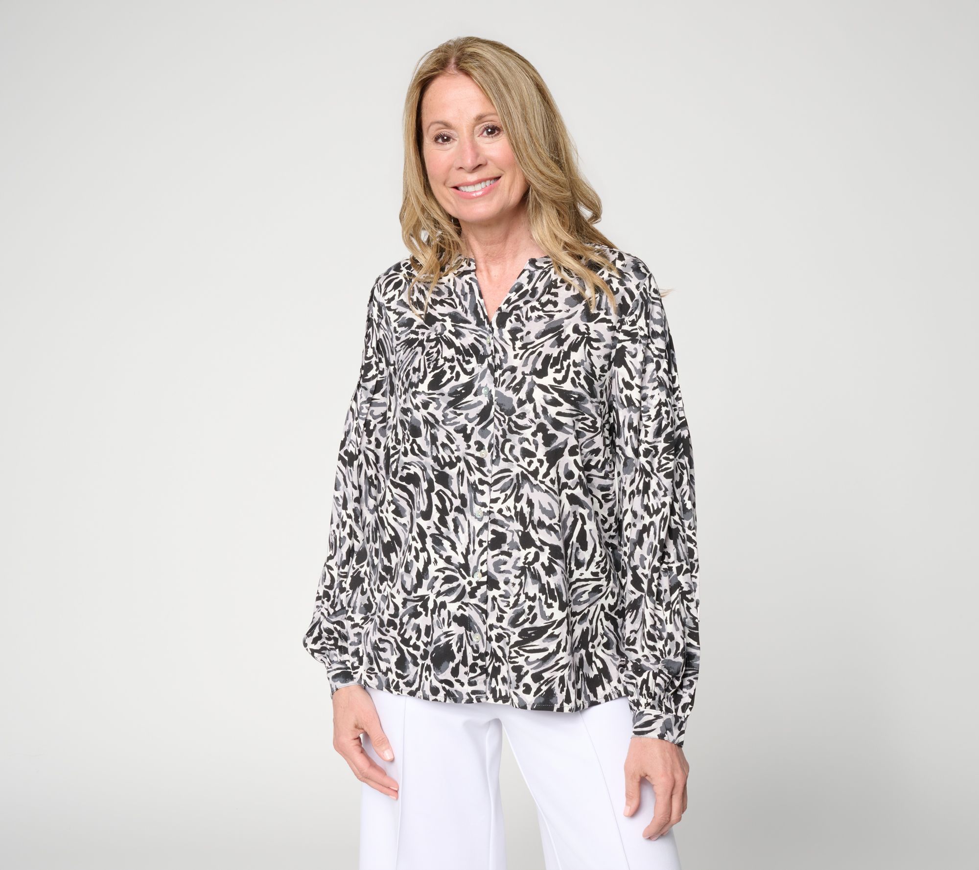 "As Is" nicole by Nicole Miller Stretch Challis Blouse w/Pleated Slvs
