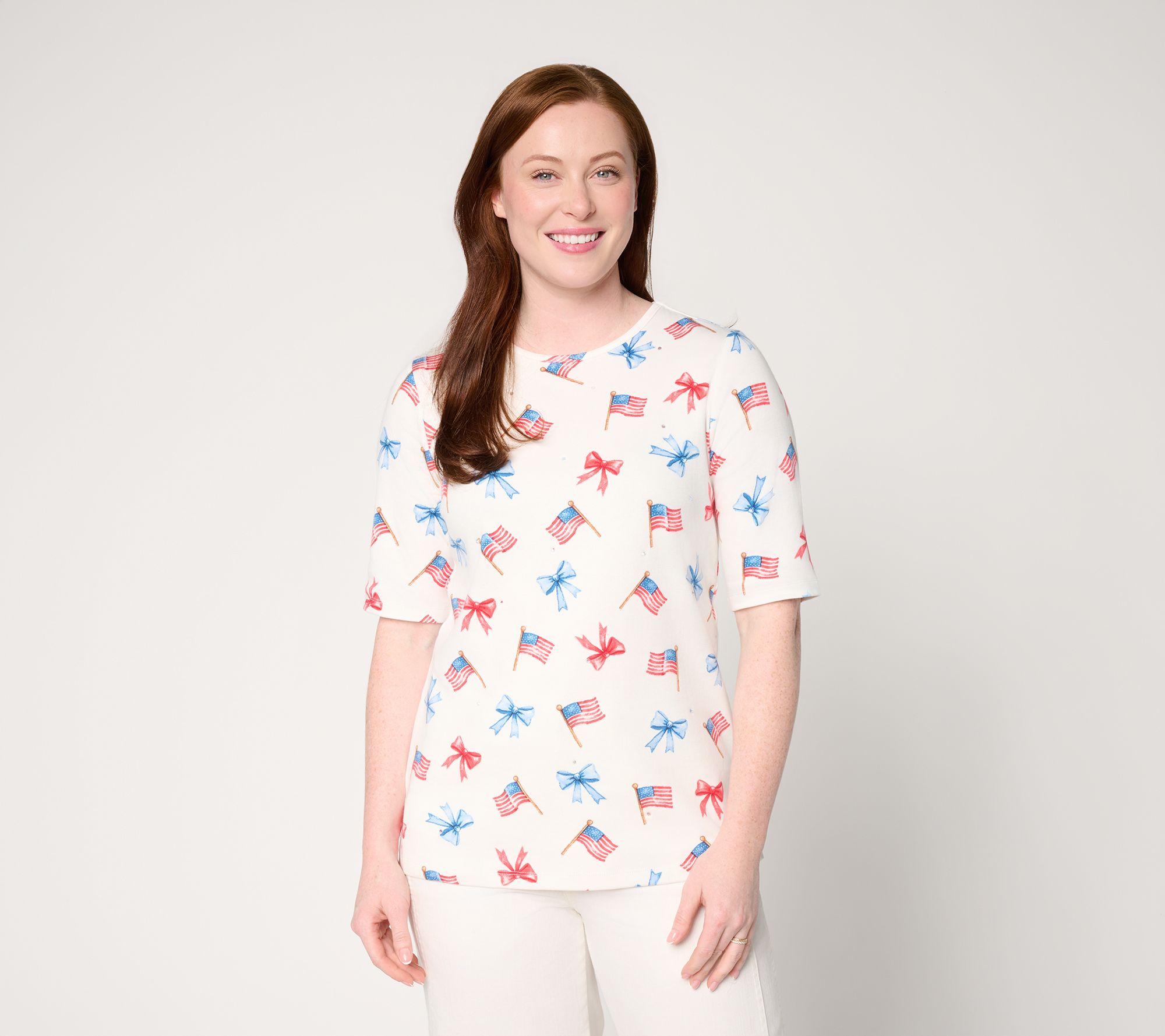 "As Is" Quacker Factory God Bless America Printed Elbow Sleeve Top