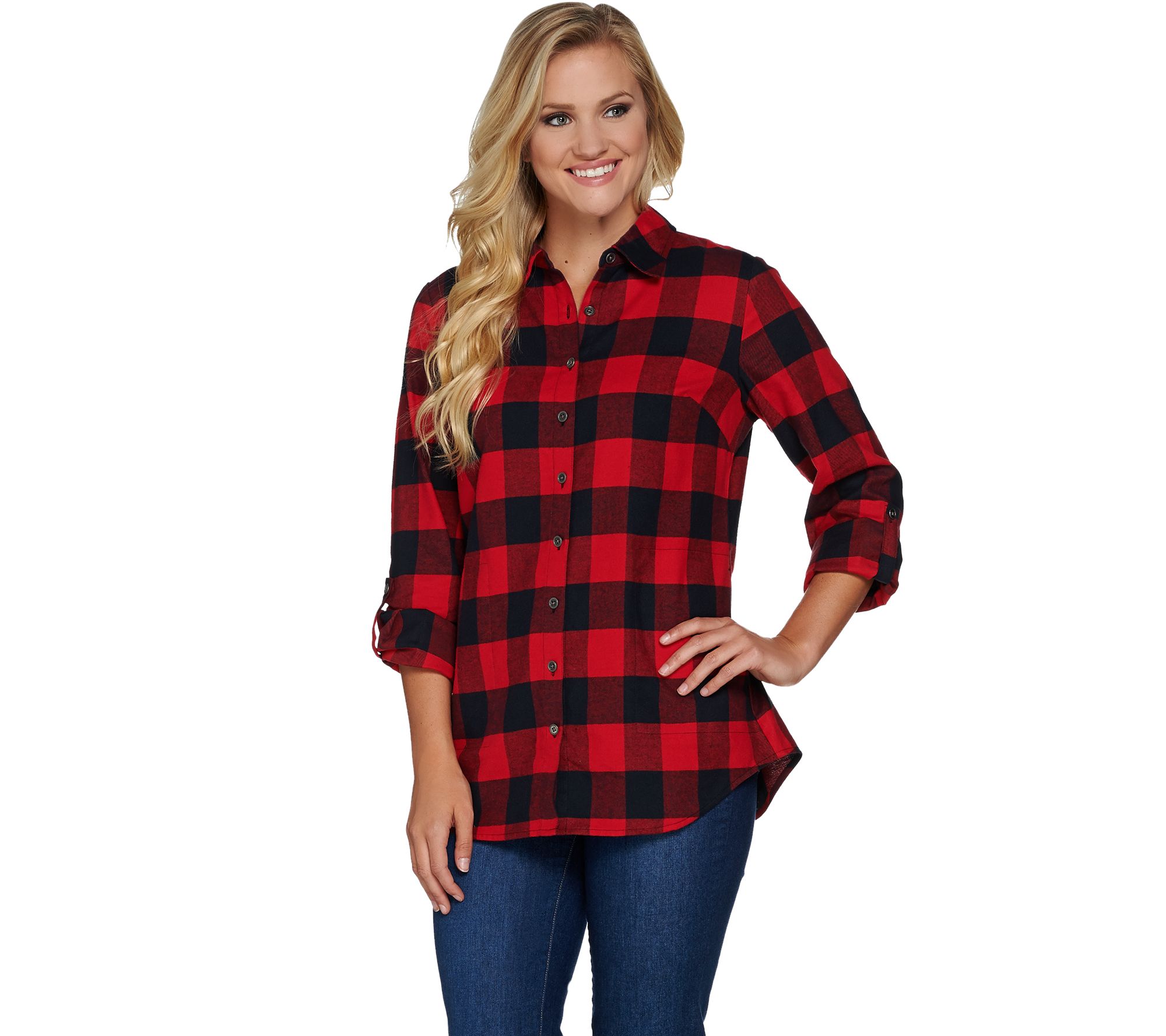 Denim & Co. Plaid Yarn Dyed Button Front Shirt - QVC.com