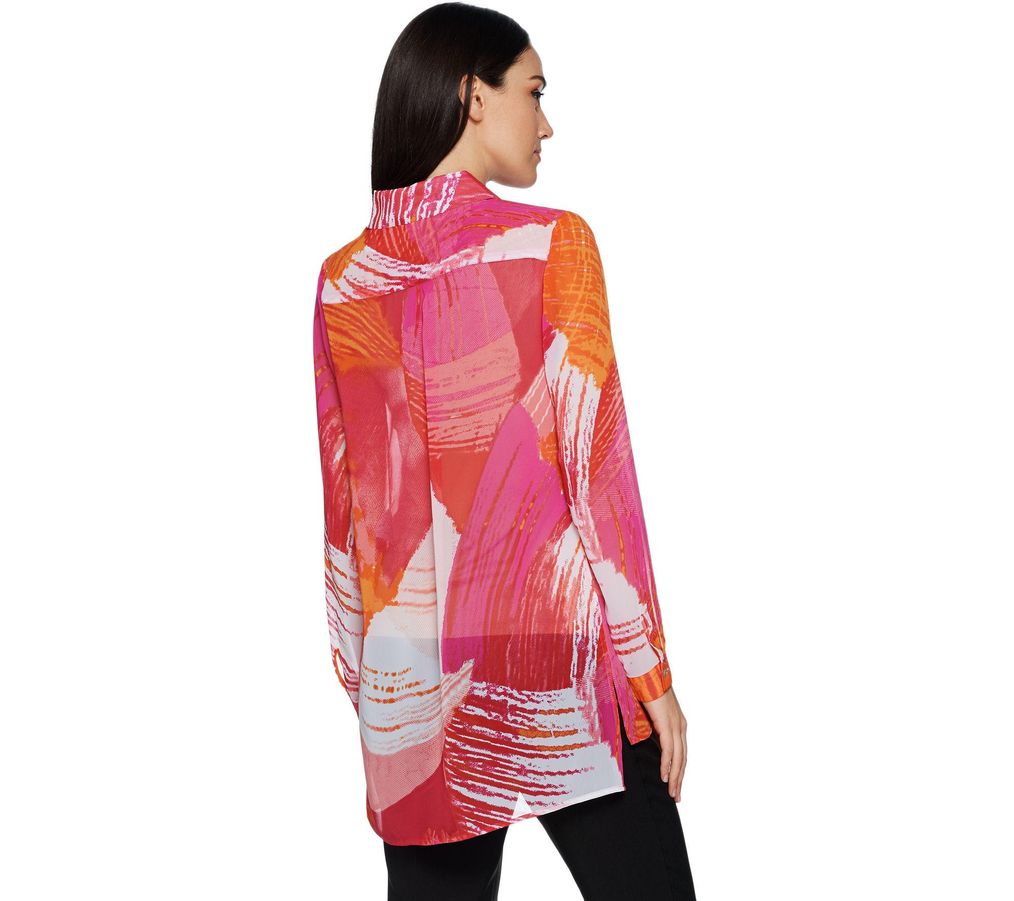 Susan Graver Printed Sheer Chiffon Shirt With Hi Low Hem