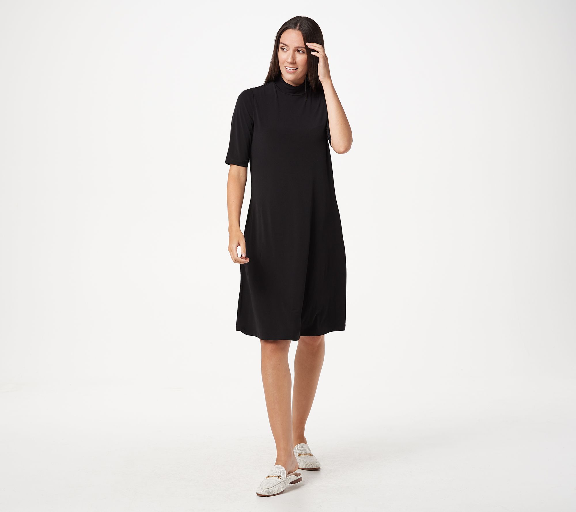 "As Is" Susan Graver Liquid Knit Mock-Neck Elbow-Sleeve Dress