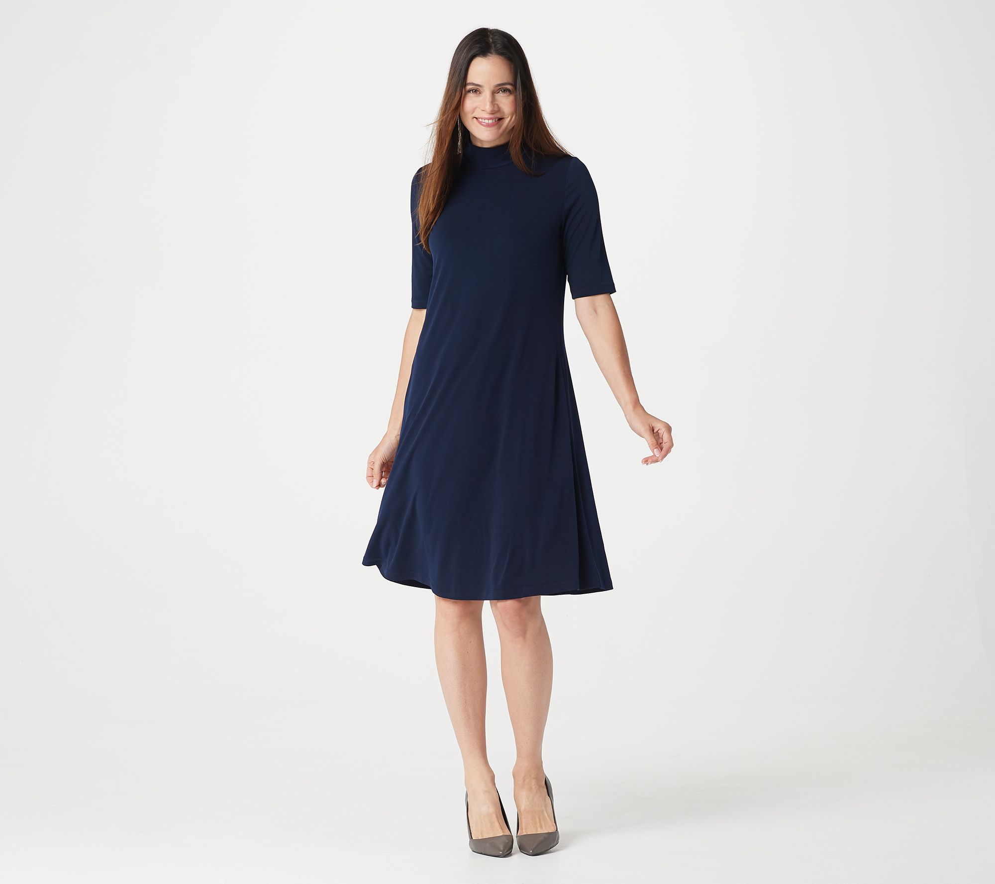 "As Is" Susan Graver Liquid Knit Mock-Neck Elbow-Sleeve Dress