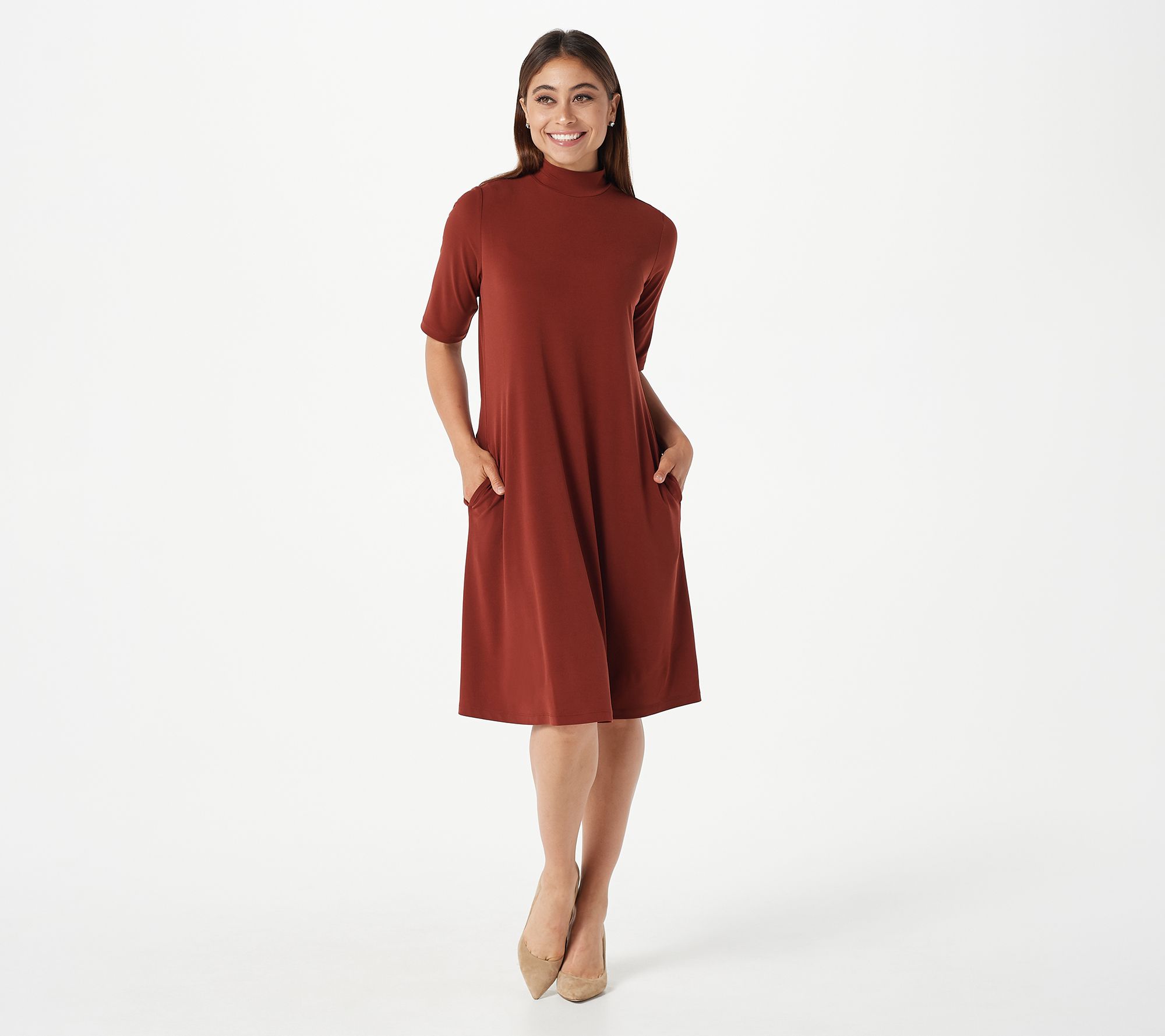"As Is" Susan Graver Liquid Knit Mock-Neck Elbow-Sleeve Dress