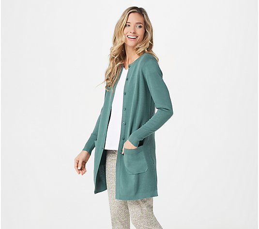 Isaac Mizrahi Live! Long Button Front Cardigan with Stitch Detail