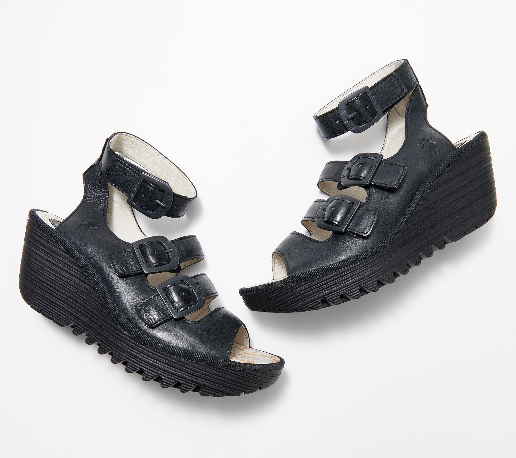 FLY London Leather Buckle Wedges - Yorn