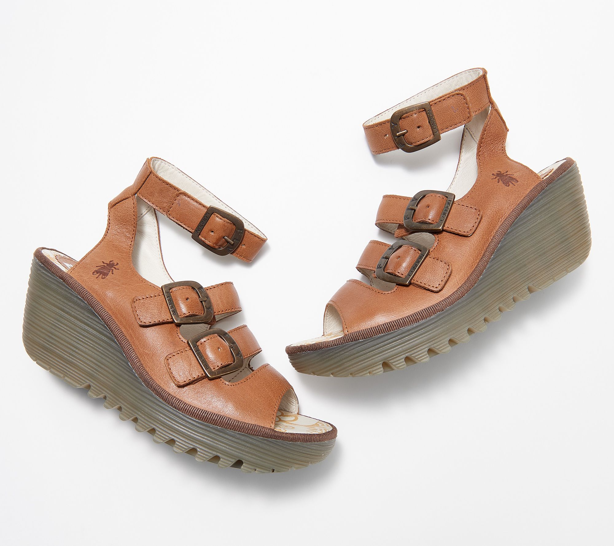 FLY London Leather Buckle Wedges - Yorn
