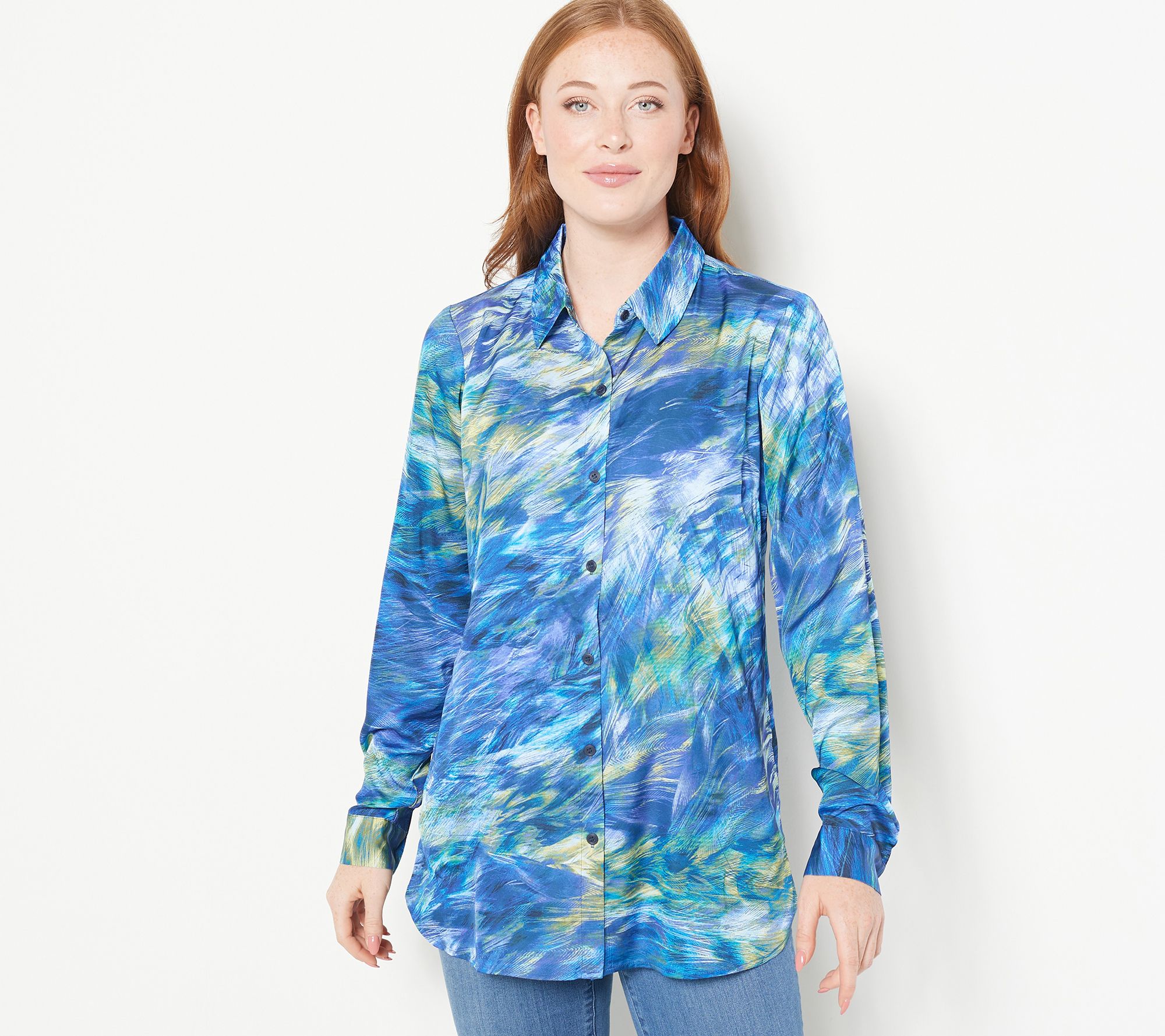 As Is Susan Graver Petite Printed Stretch Charmeuse Big Shirt