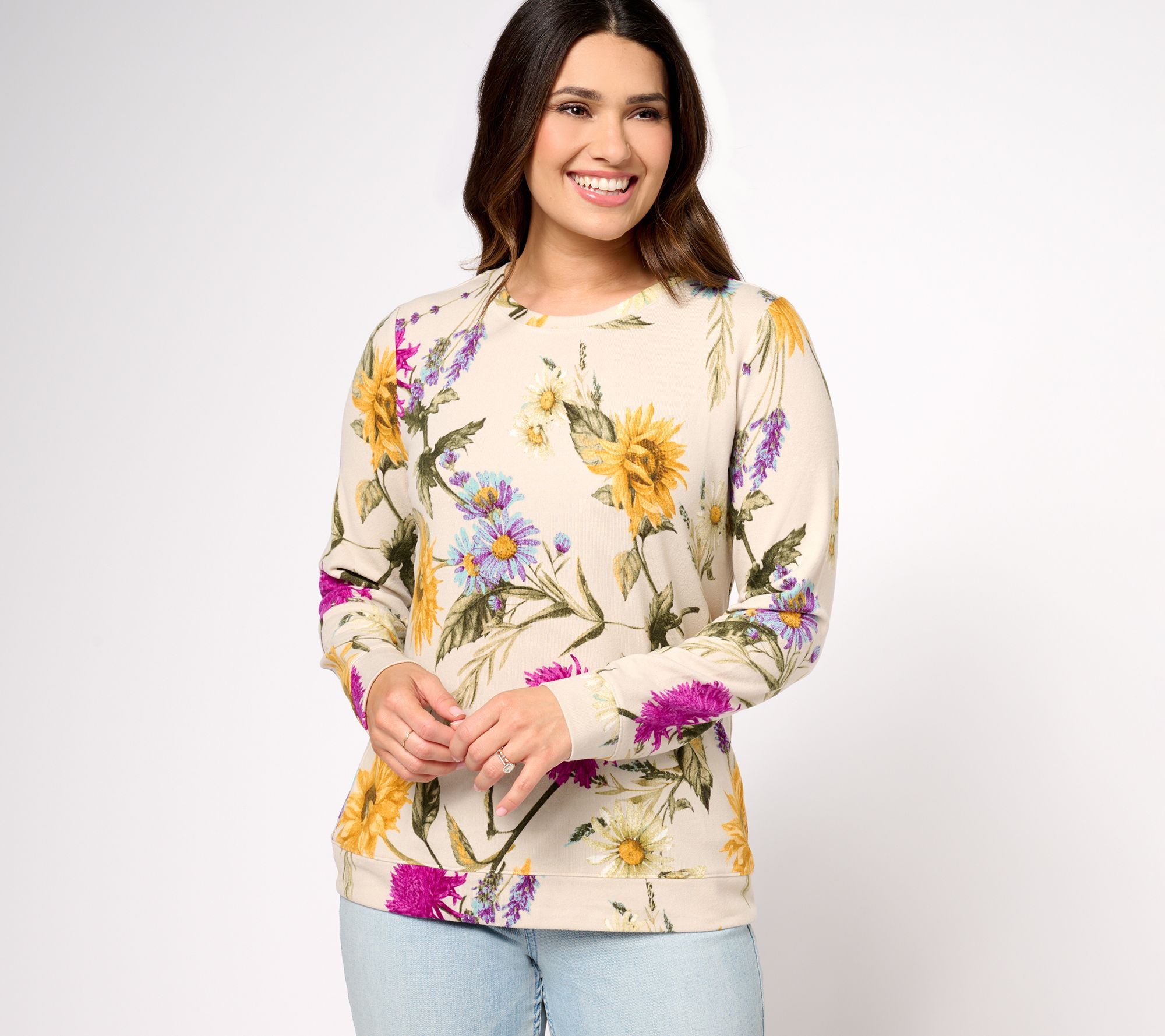 Denim & Co. Printed Heavenly Jersey Round Neck Long Sleeve Pullover ...