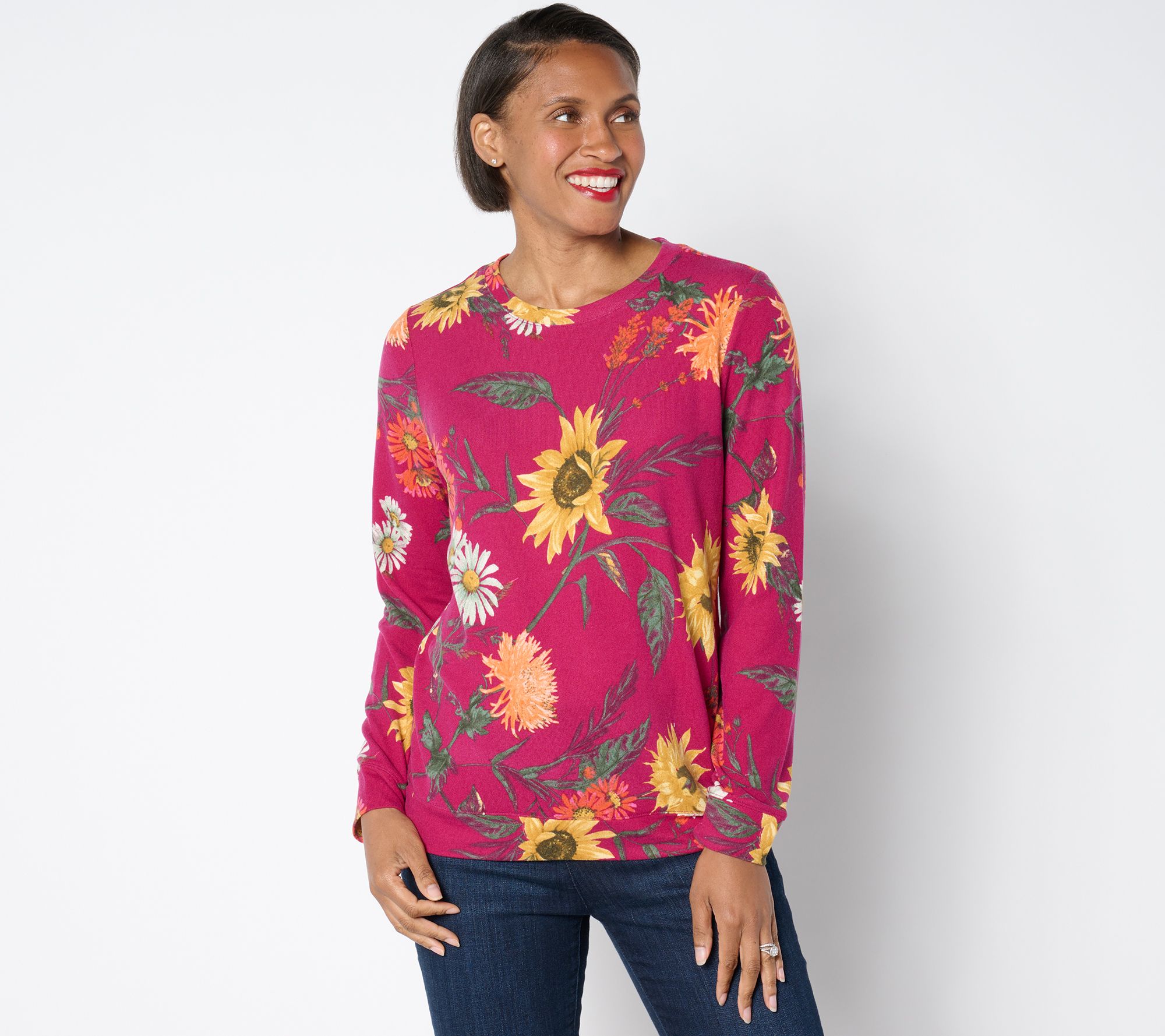 Denim & Co. Printed Heavenly Jersey Round Neck Long Sleeve Pullover