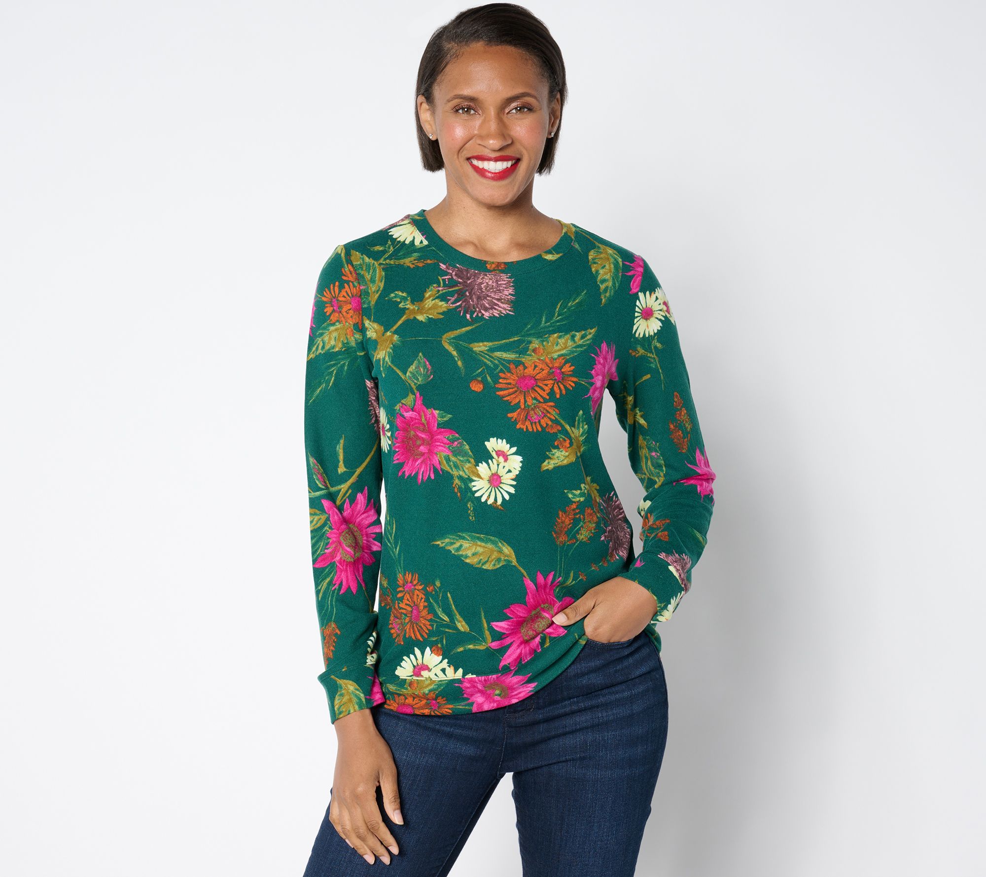 Denim & Co. Printed Heavenly Jersey Round Neck Long Sleeve Pullover