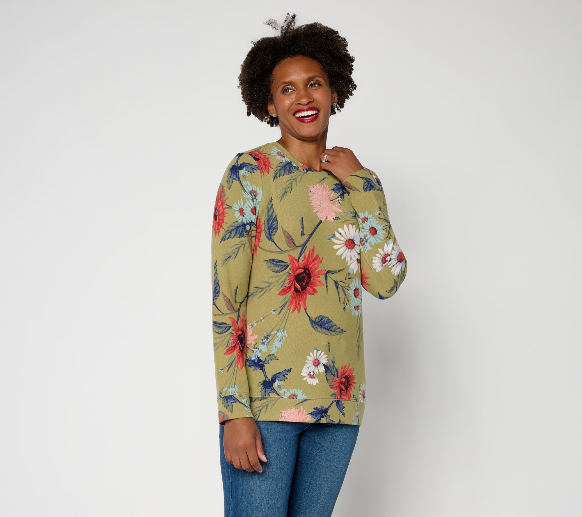 Denim & Co. Printed Heavenly Jersey Round Neck Long Sleeve Pullover