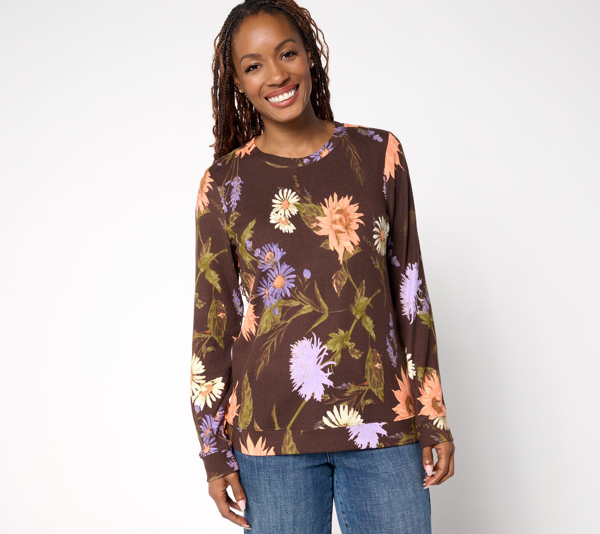 Denim & Co. Printed Heavenly Jersey Round Neck Long Sleeve Pullover