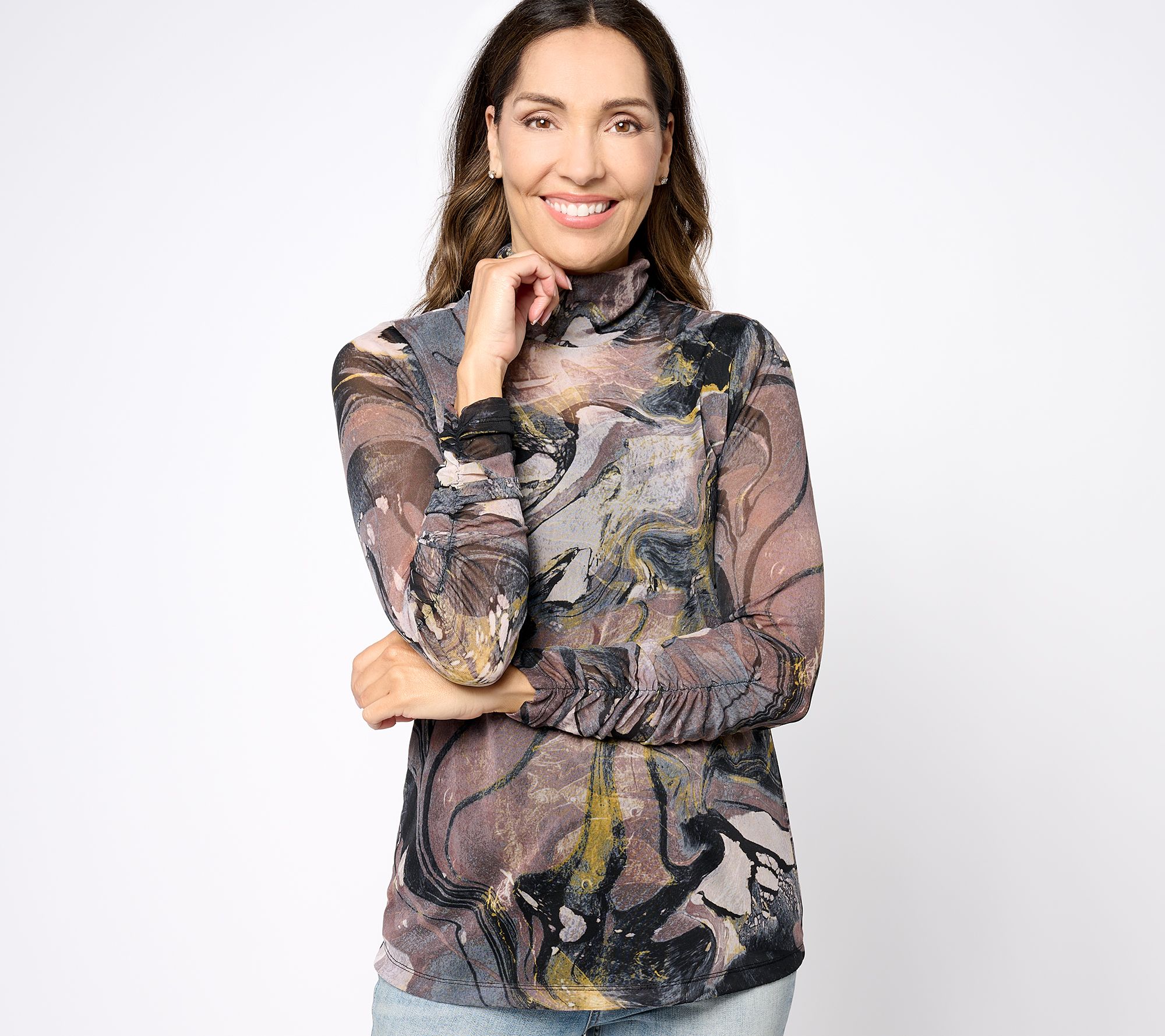 Susan Graver Printed Mesh Long-Sleeve Ruched Mock Neck Top