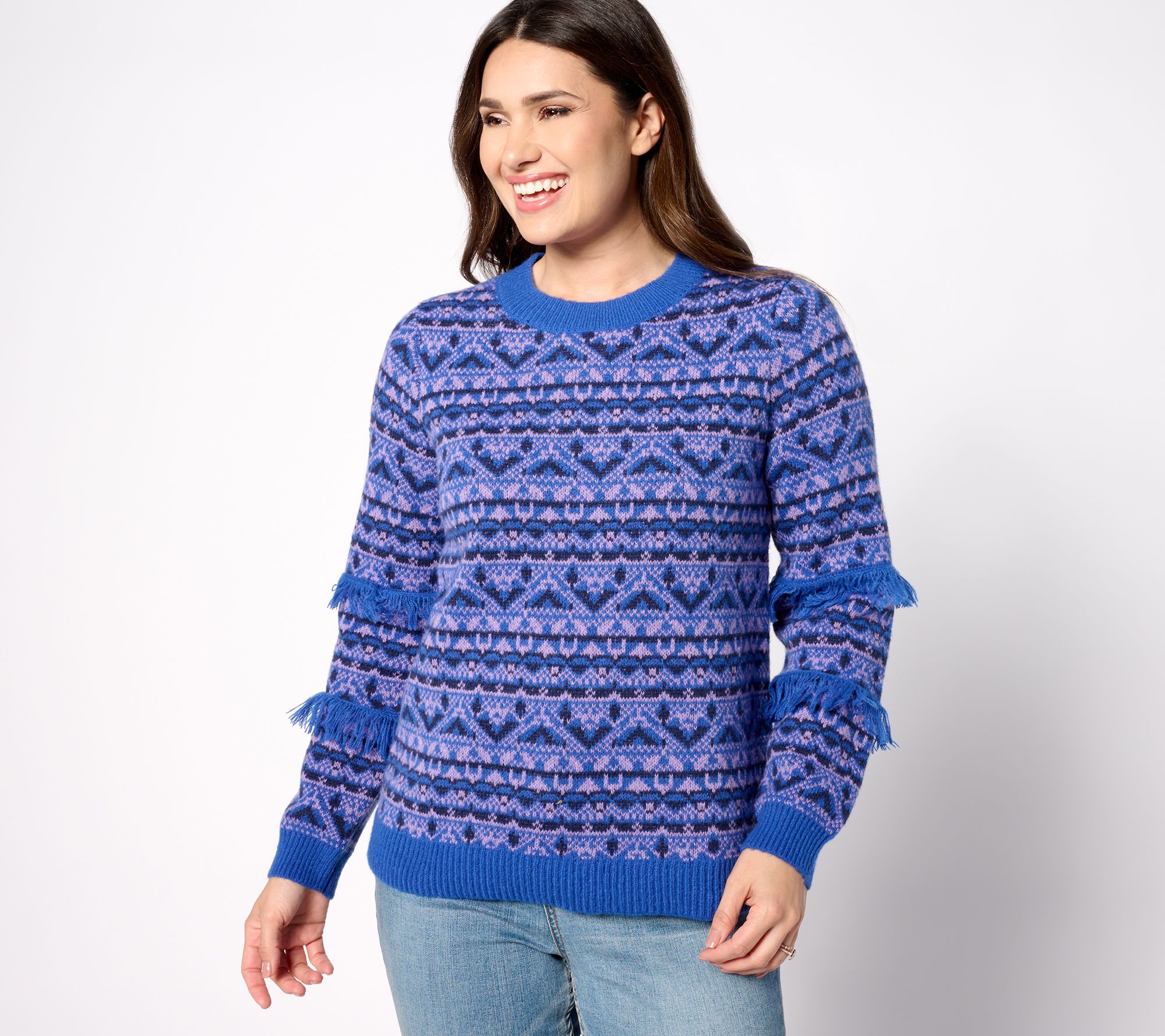 Susan Graver Intarsia Sweater with Fringe Detail