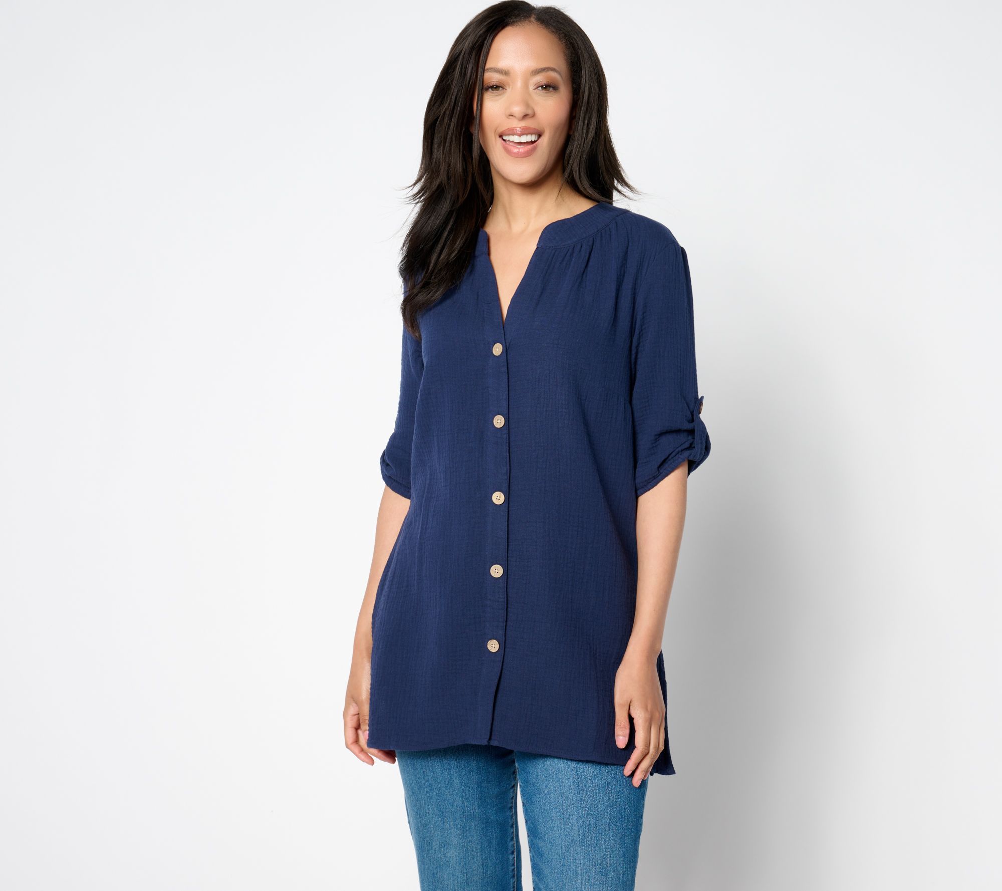 Denim & Co. Adaptive Beach Gauze Button Up Big Shirt