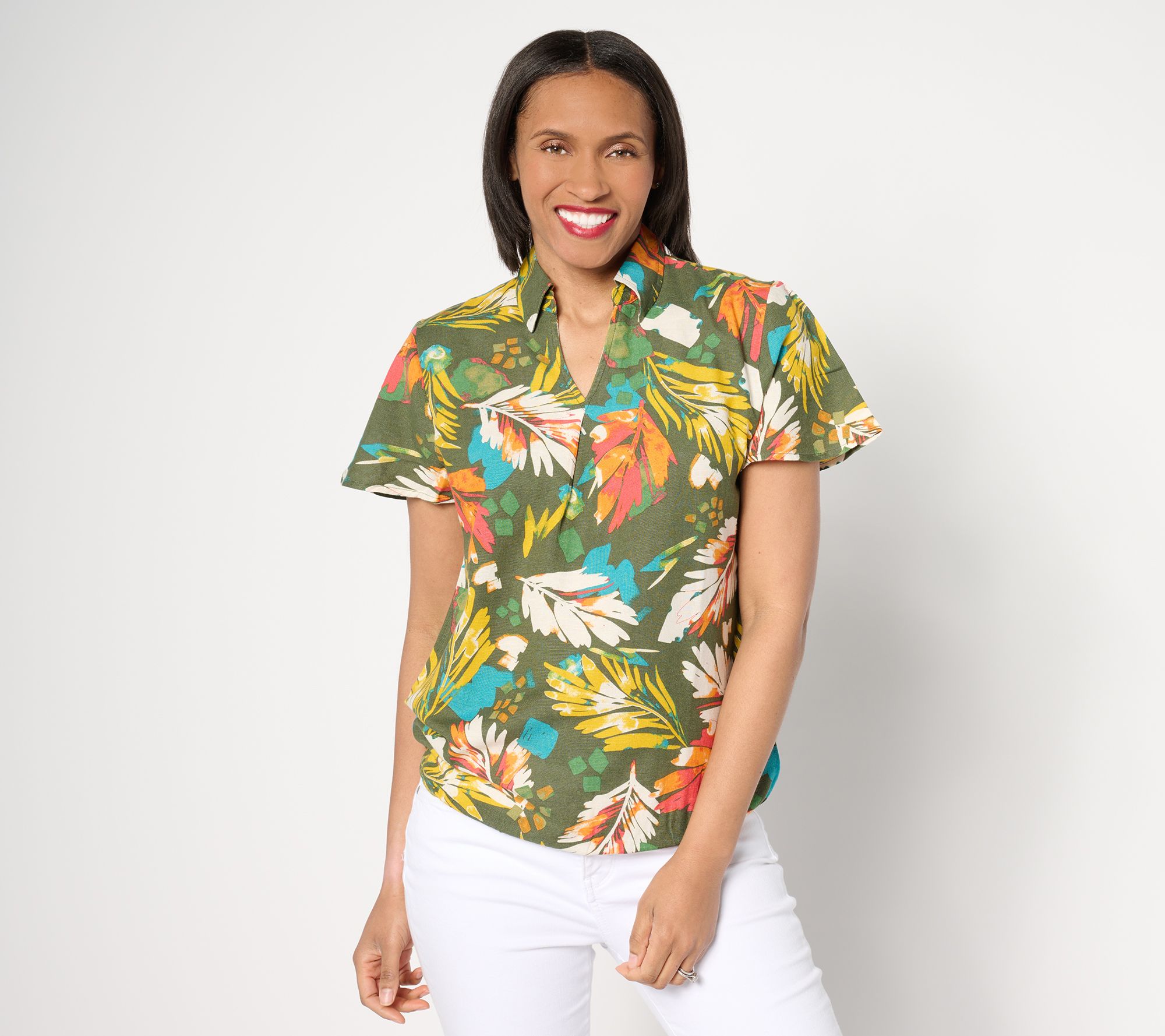 Denim & Co. Tropical Palm Printed Dolman Short Sleeve Collared Top