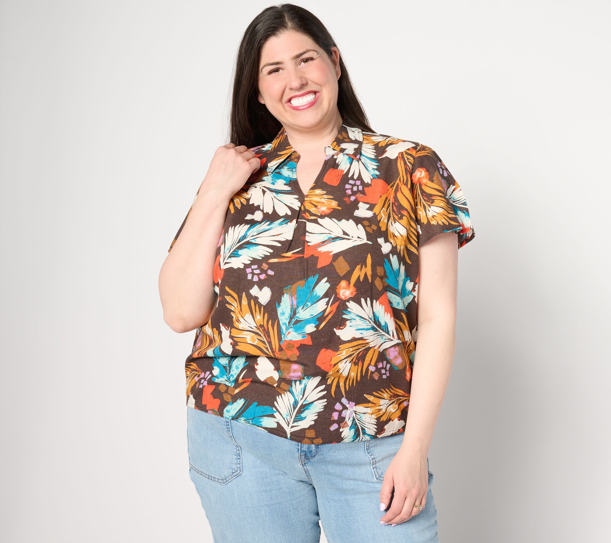 Denim & Co. Tropical Palm Printed Dolman Short Sleeve Collared Top
