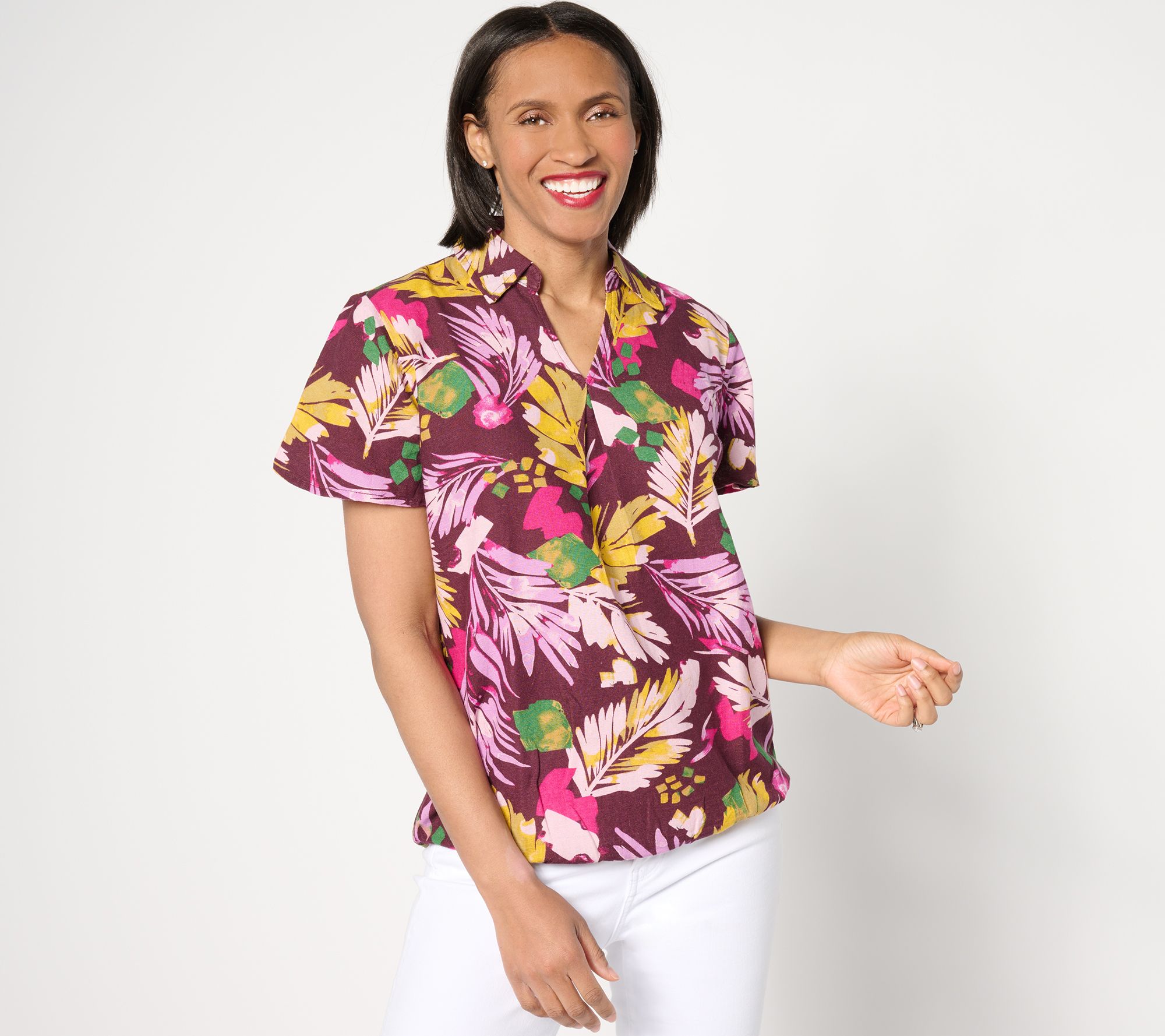 Denim & Co. Tropical Palm Printed Dolman Short Sleeve Collared Top