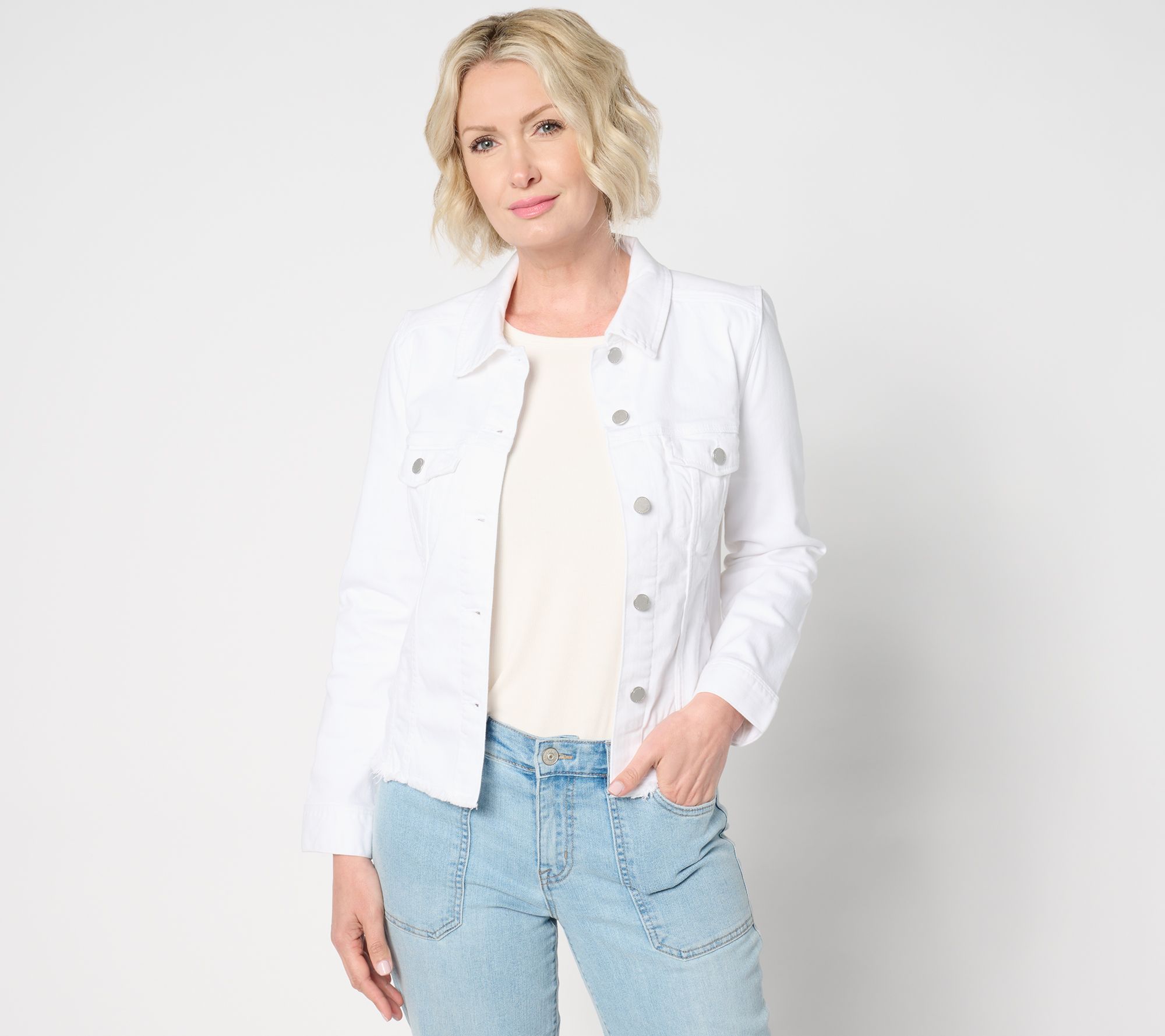 Liverpool Los Angeles Trucker Jacket with Fray Hem - Bright White