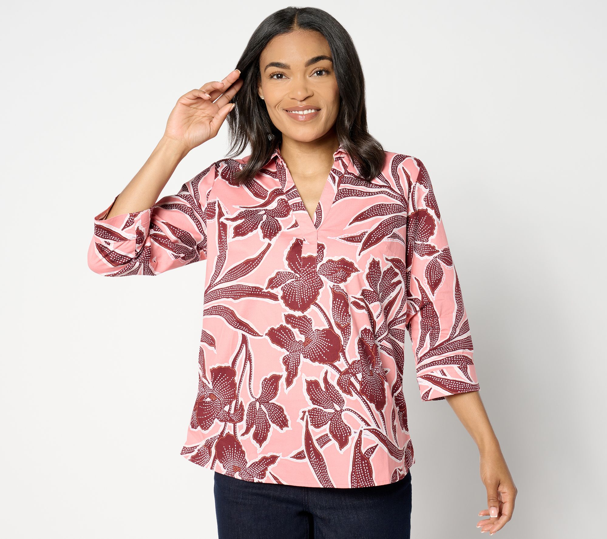 Denim & Co. Printed Poplin 3/4-Sleeve Collared Top
