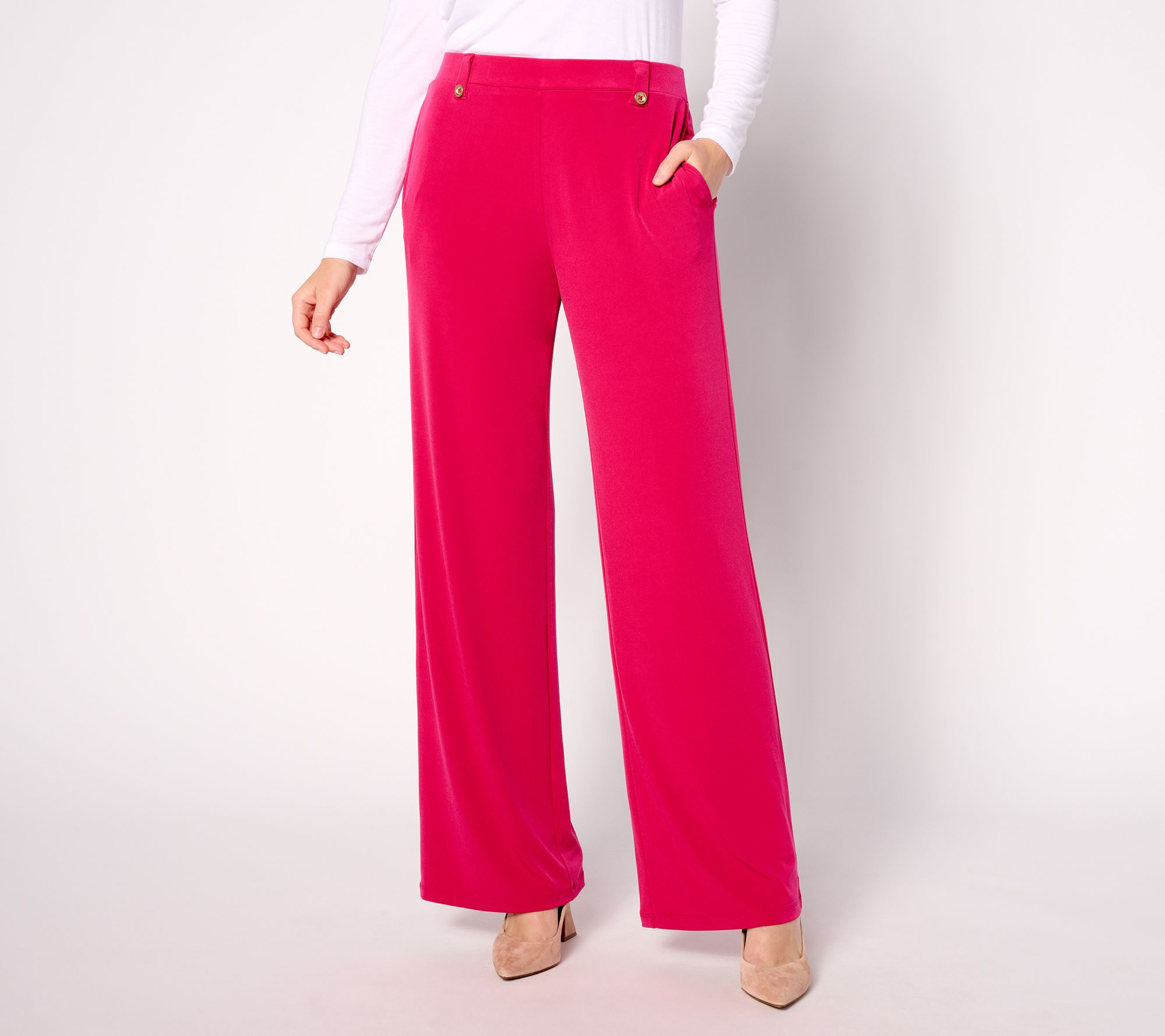 "As Is" Susan Graver Regular Liquid Knit Wide Leg Pants w/Button Detail