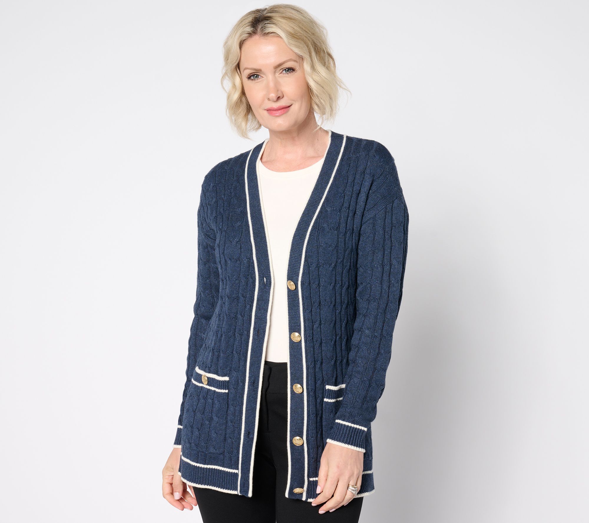 Isaac Mizrahi Live! Petite Iconic Cable Button Front Cardigan