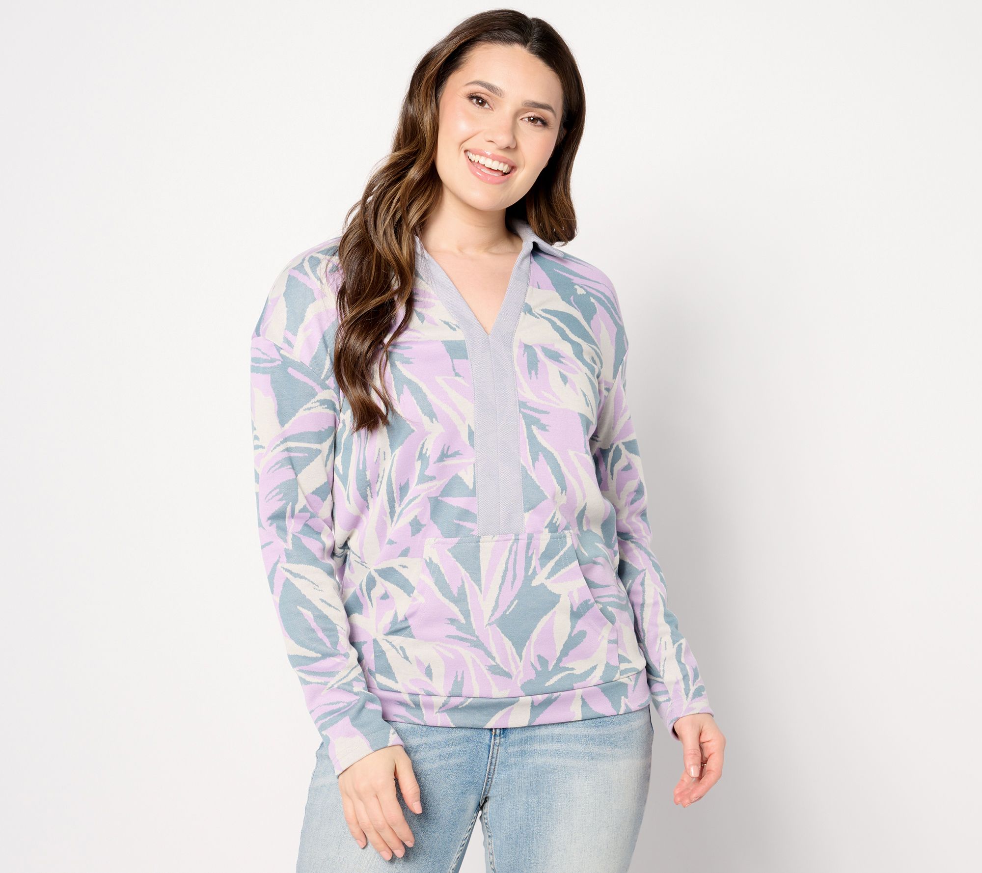 "As Is" zuda Palm Jacquard Knit Collared Top