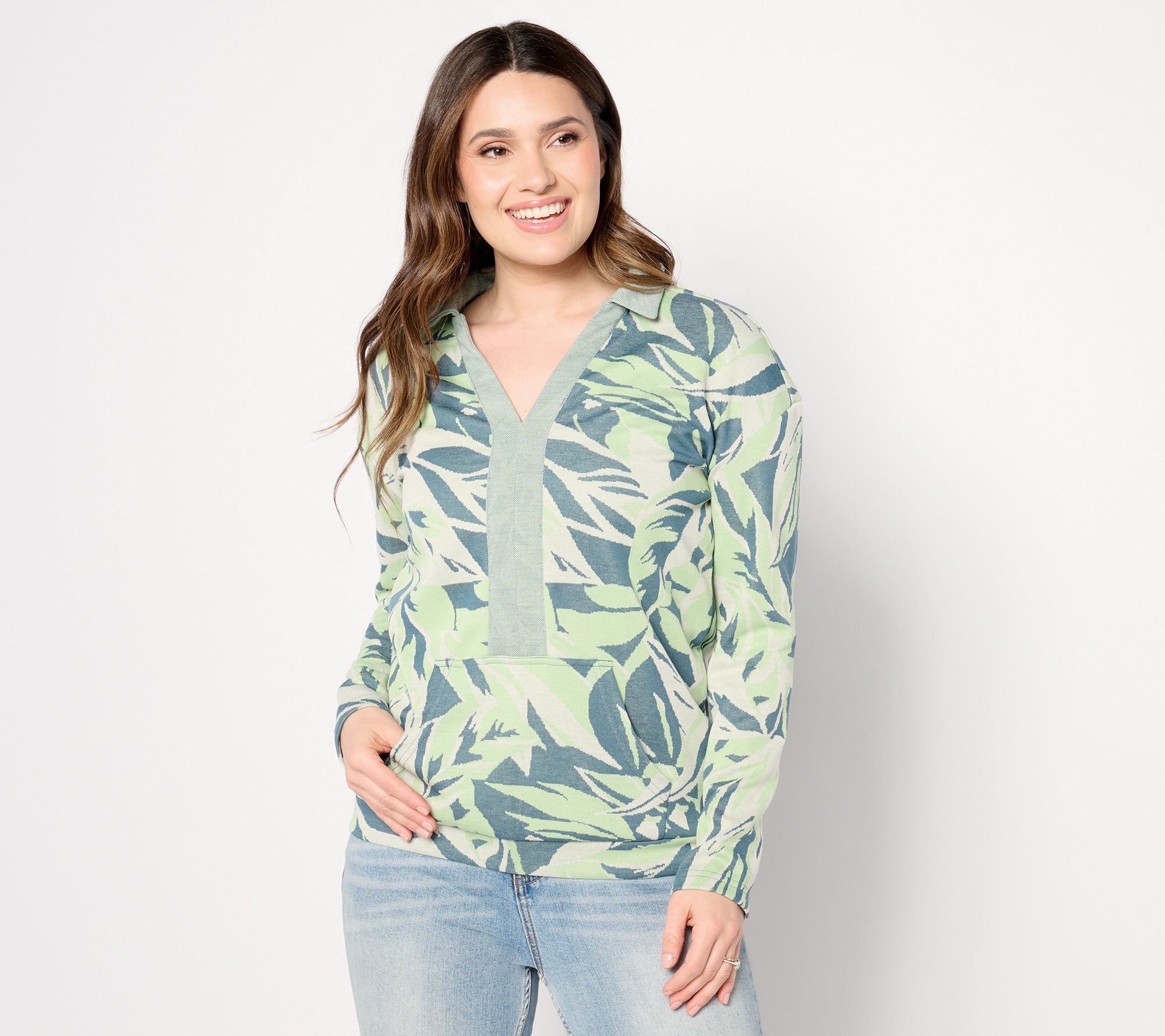 "As Is" zuda Palm Jacquard Knit Collared Top