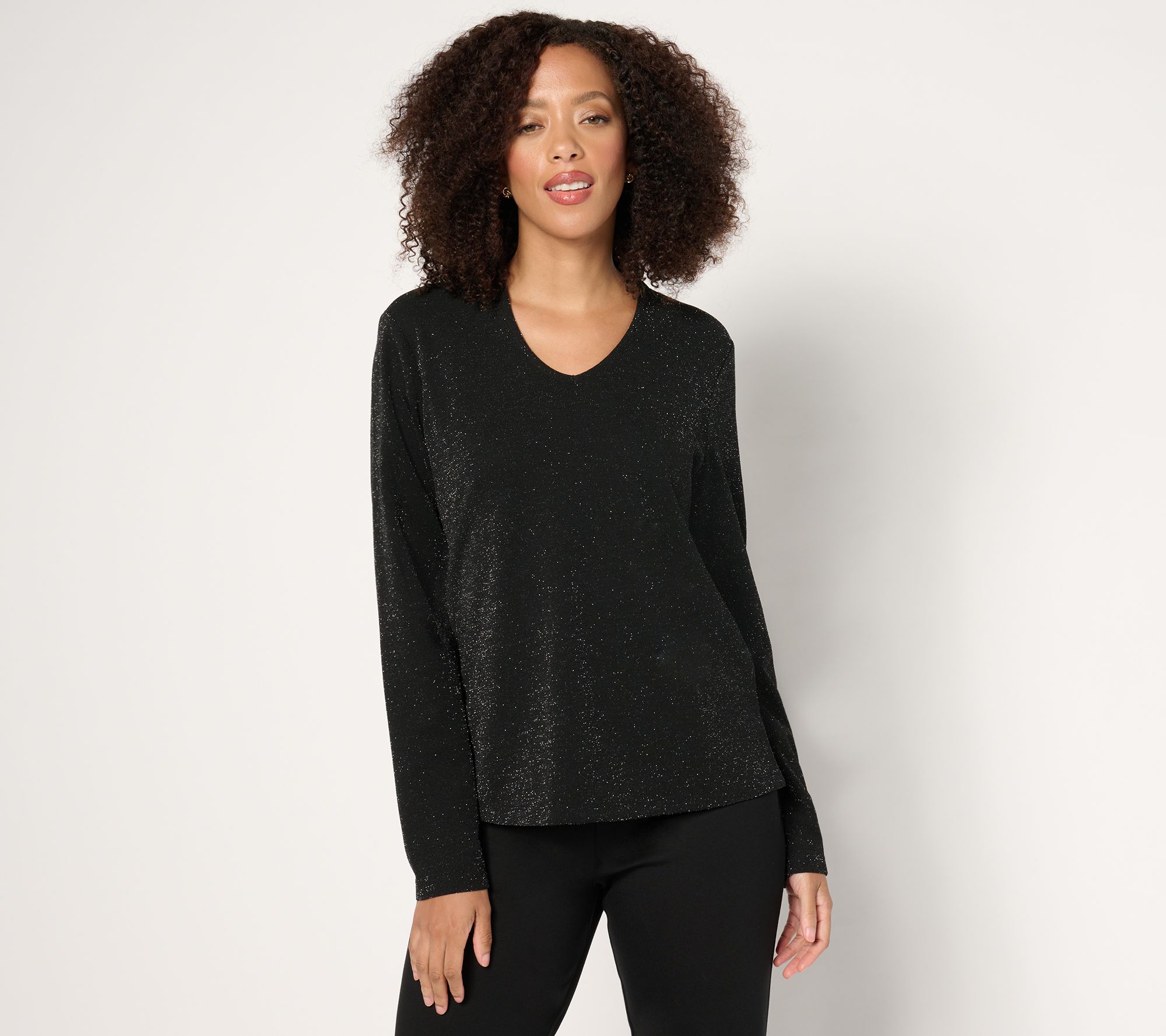 Isaac Mizrahi Live! Sparkle Pebble Crepe Raised Back V-Neck Top