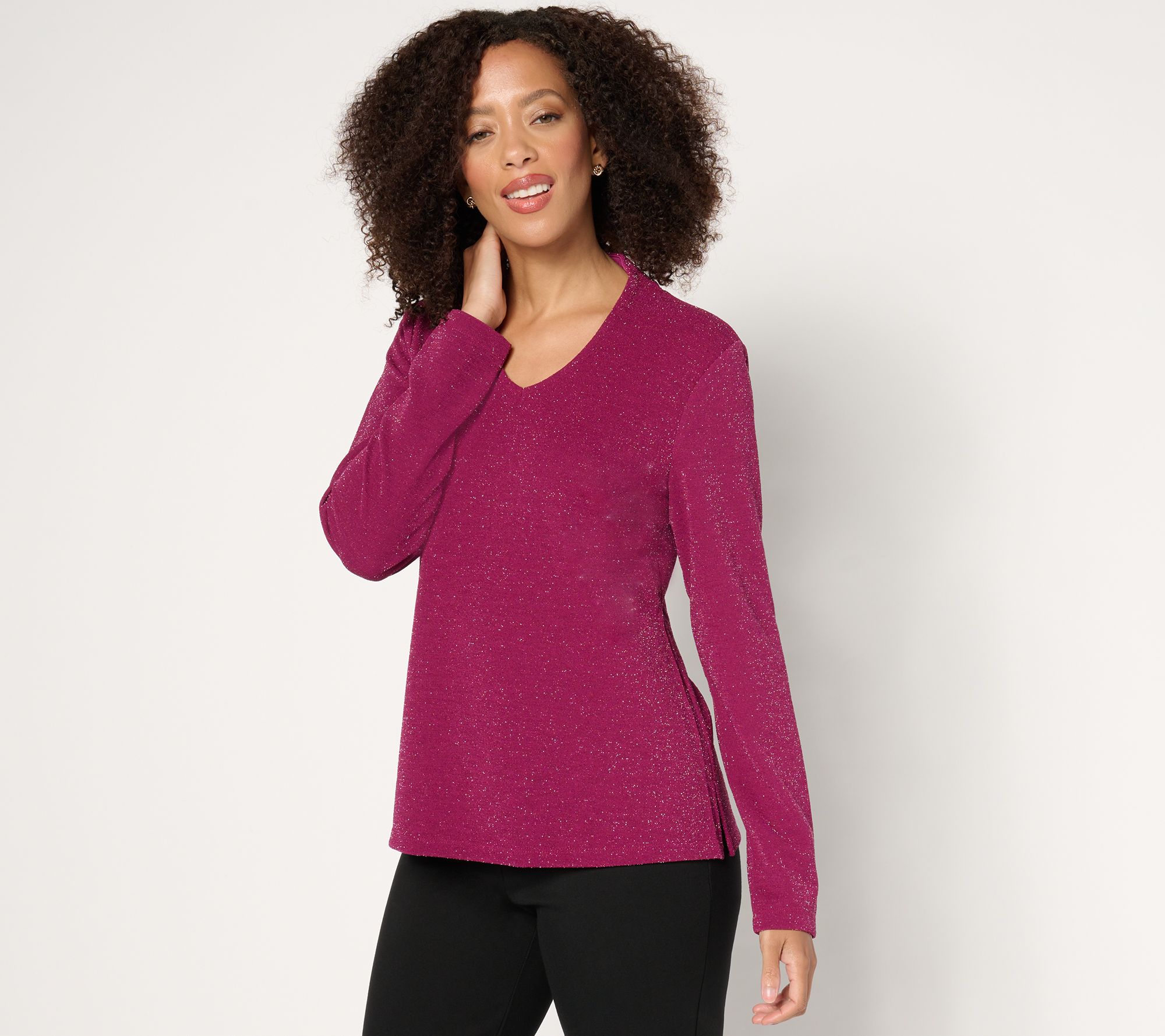 Isaac Mizrahi Live! Sparkle Pebble Crepe Raised Back V-Neck Top