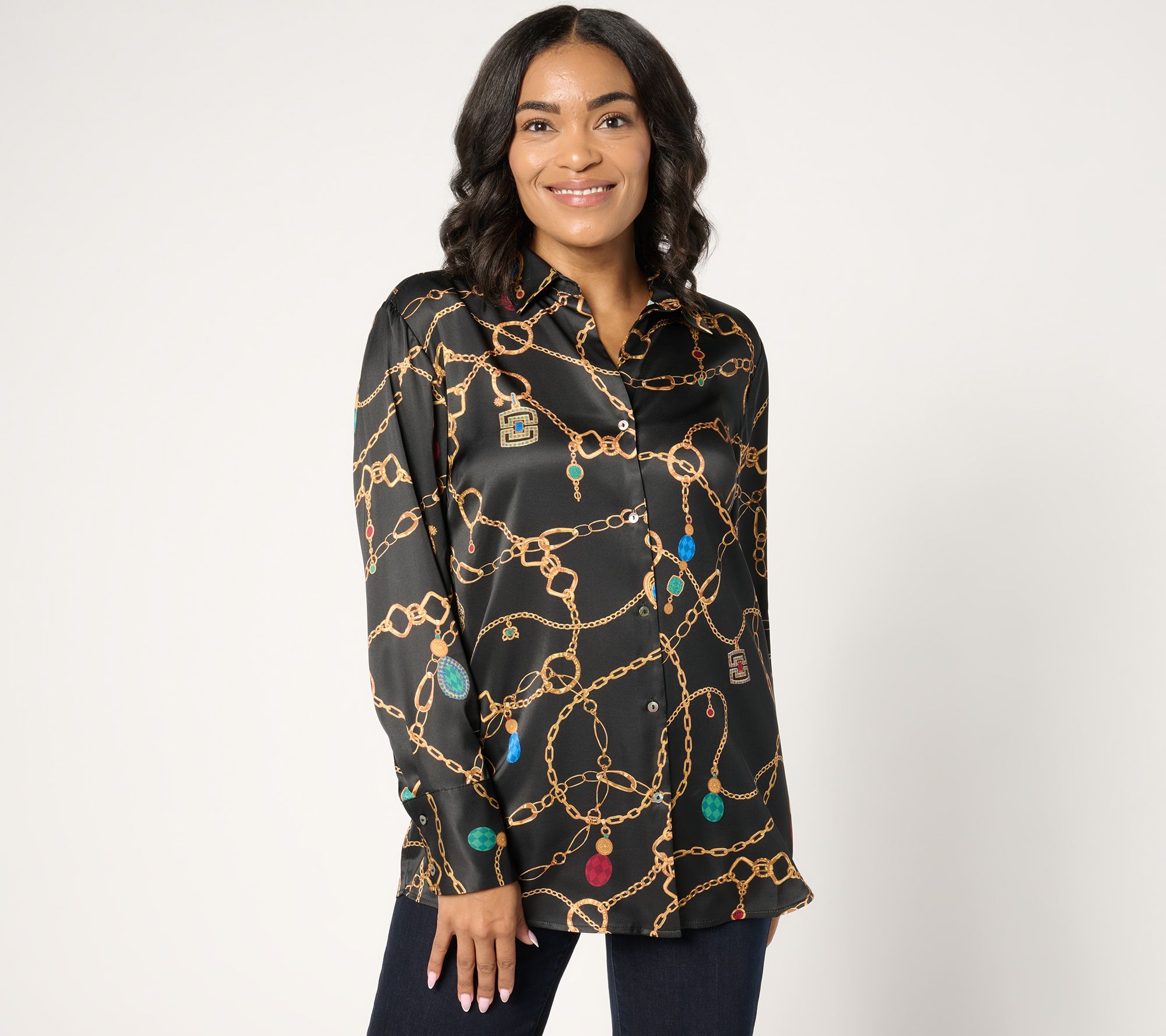 Susan Graver Regular Printed Charmeuse Button-Front Tunic