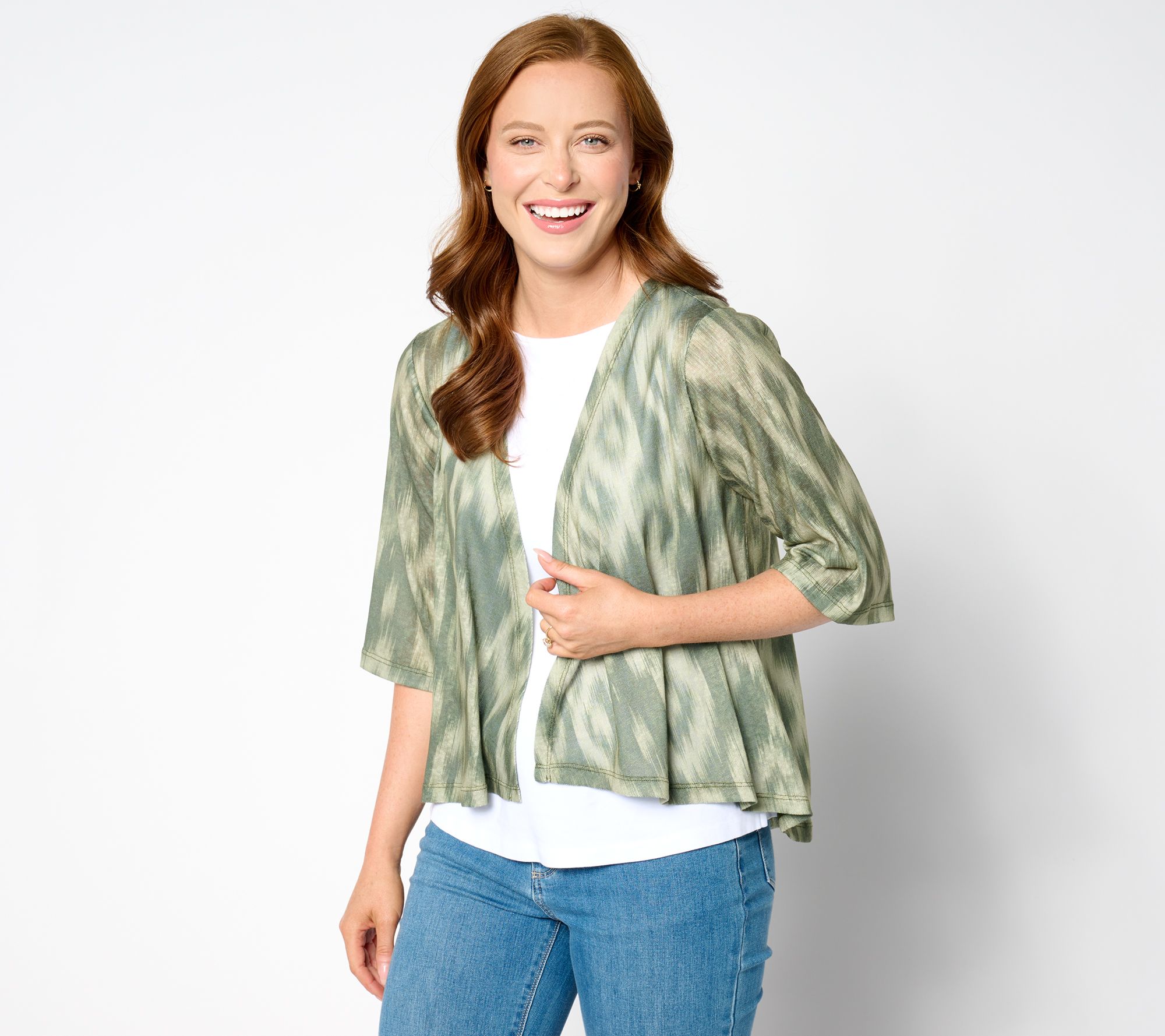 "As Is" Denim & Co. Printed Slub Knit Drape Front Cardigan