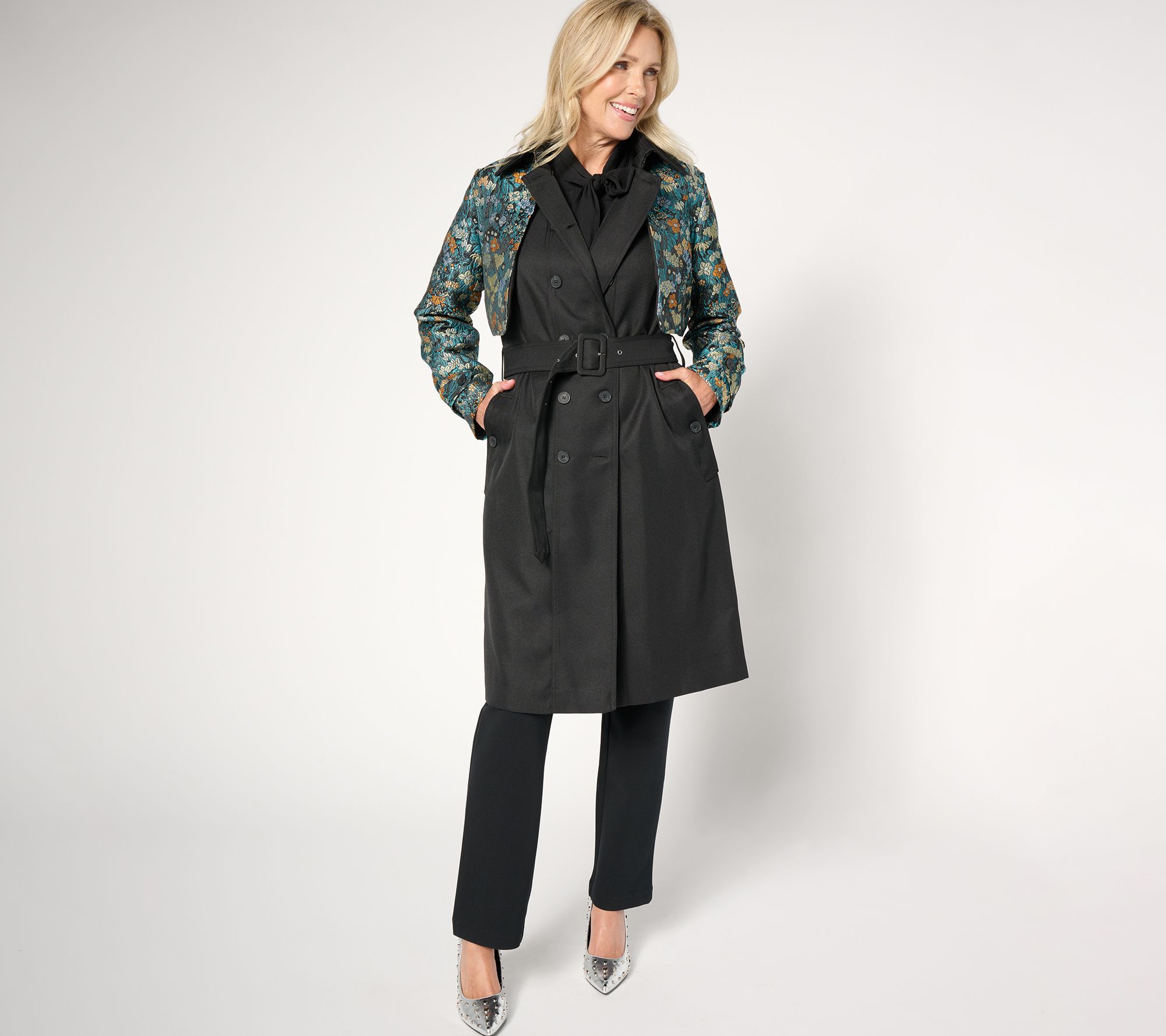 "As Is" by Stacy London Petite Trench with Removable Jacket- Floral