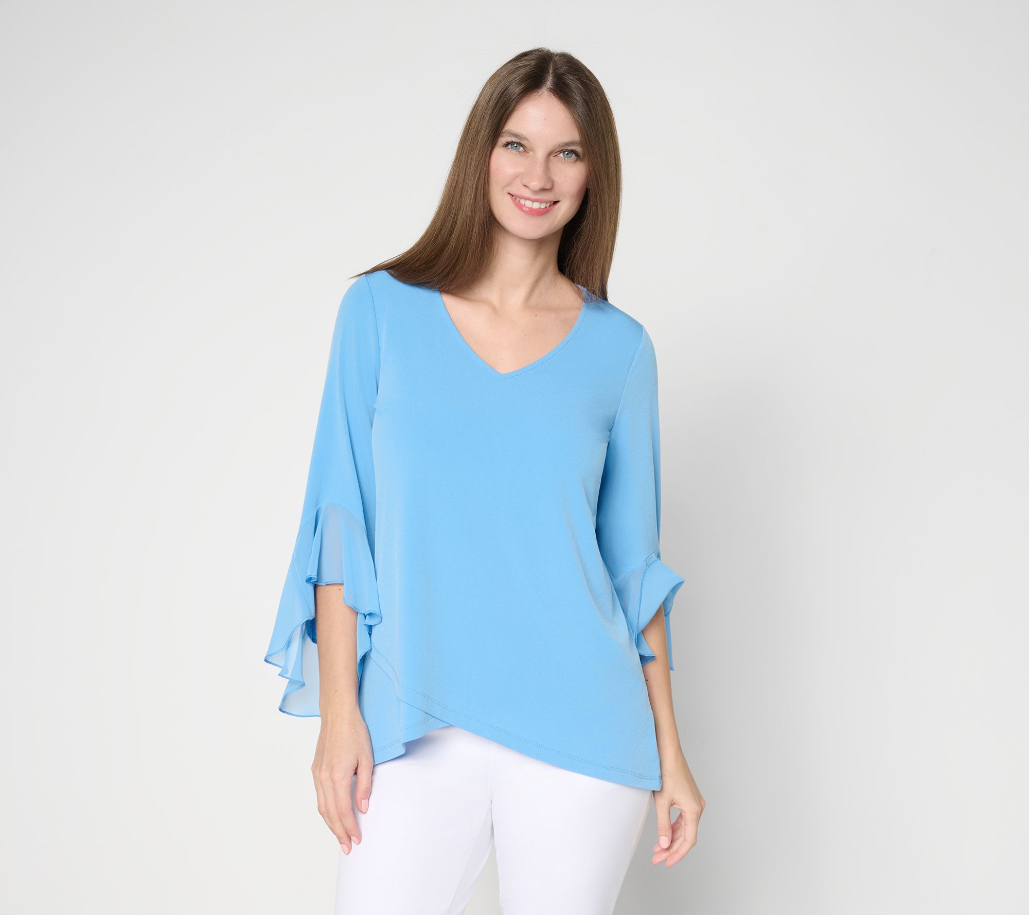 Susan Graver Petite Liquid Knit Tunic w/ Woven Ruffle Sleeves