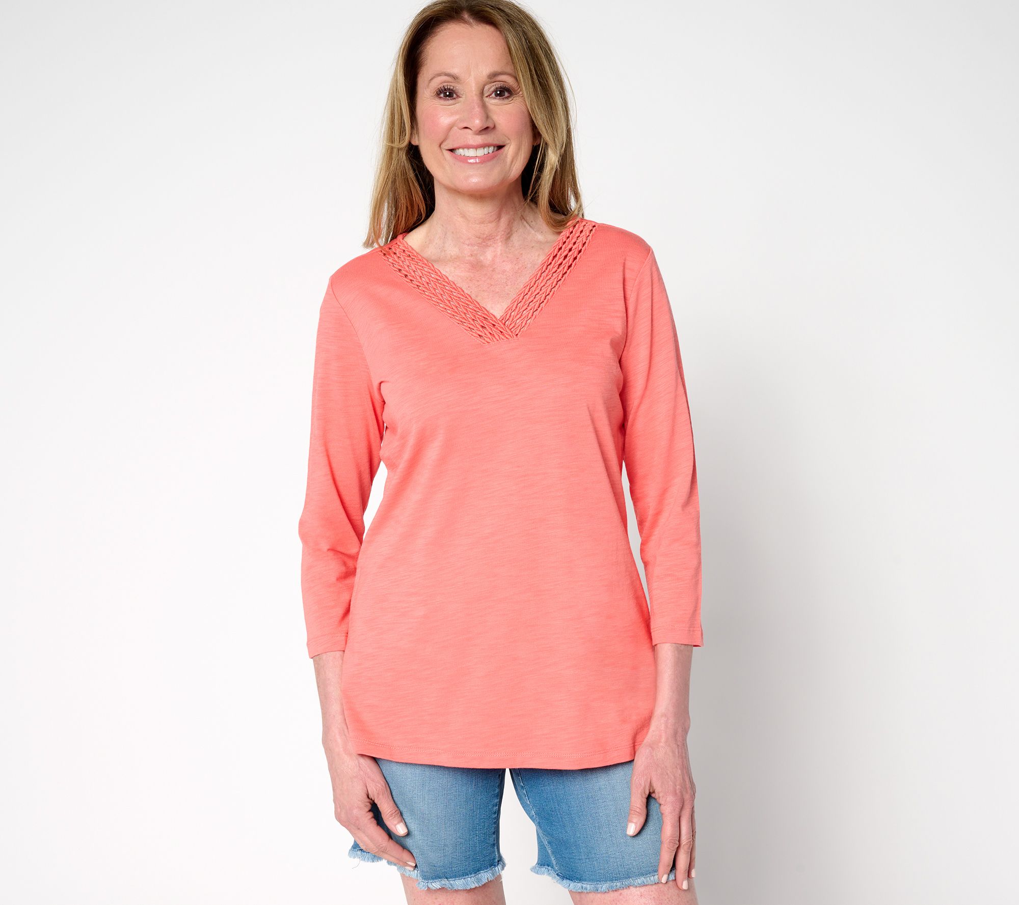 Belle by Kim Gravel Slub Knit Braided Beauty V Neck Top