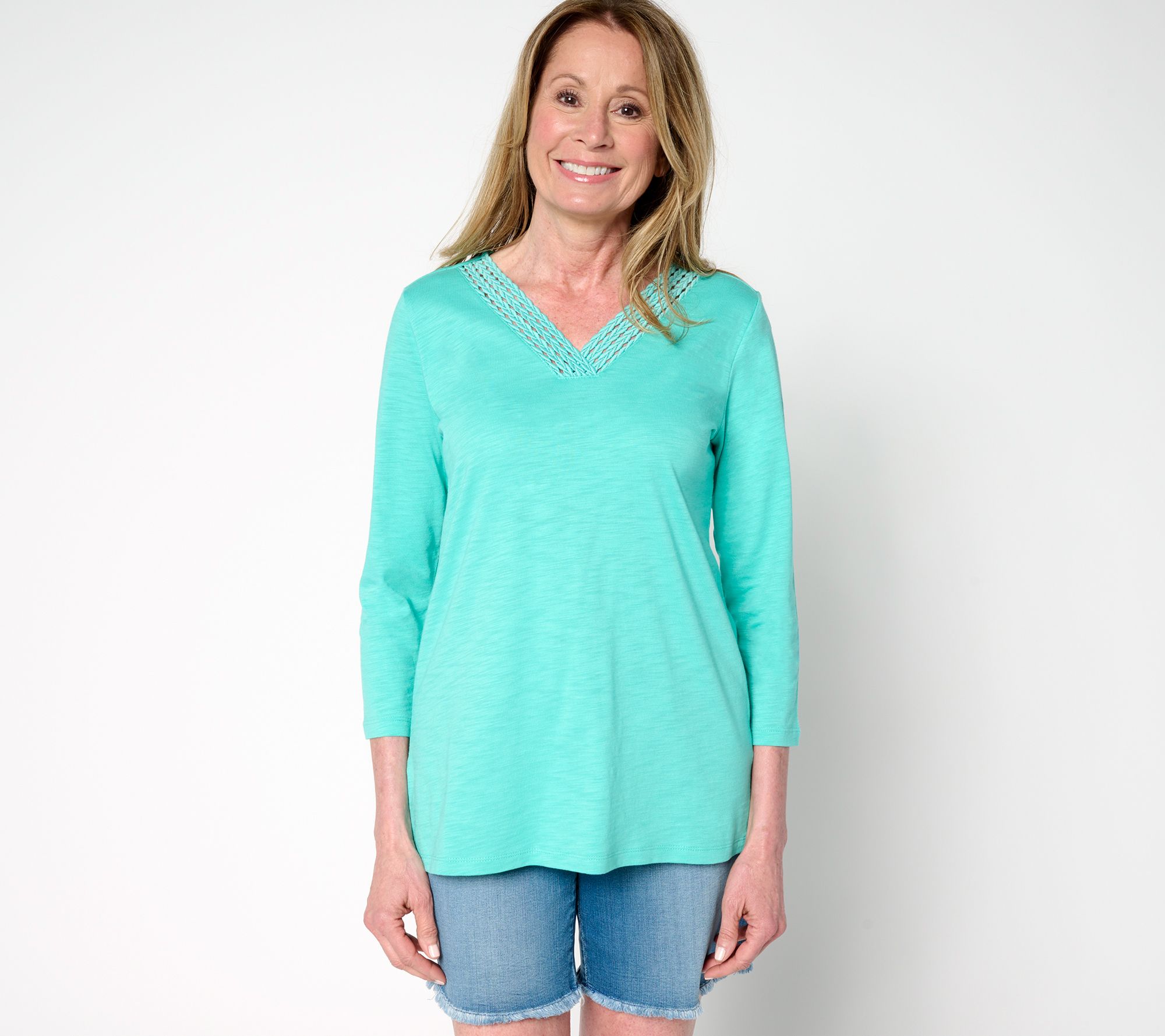 Belle by Kim Gravel Slub Knit Braided Beauty V Neck Top