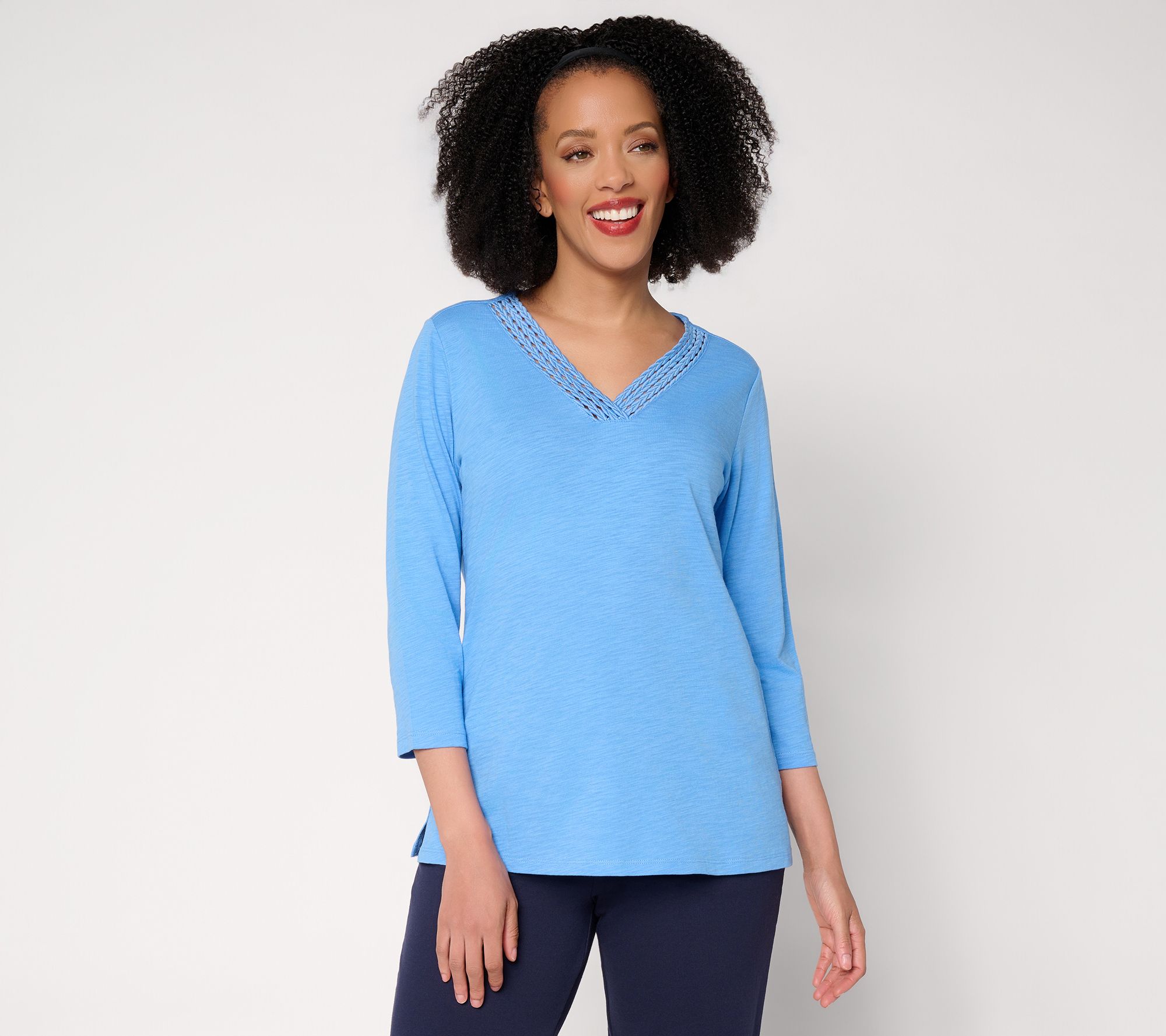Belle by Kim Gravel Slub Knit Braided Beauty V Neck Top