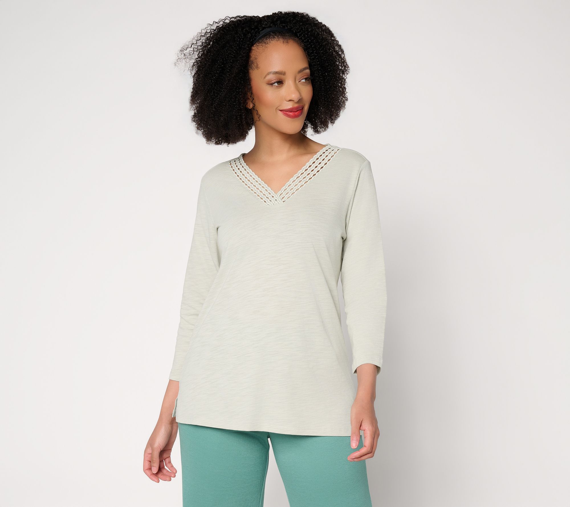 Belle by Kim Gravel Slub Knit Braided Beauty V Neck Top