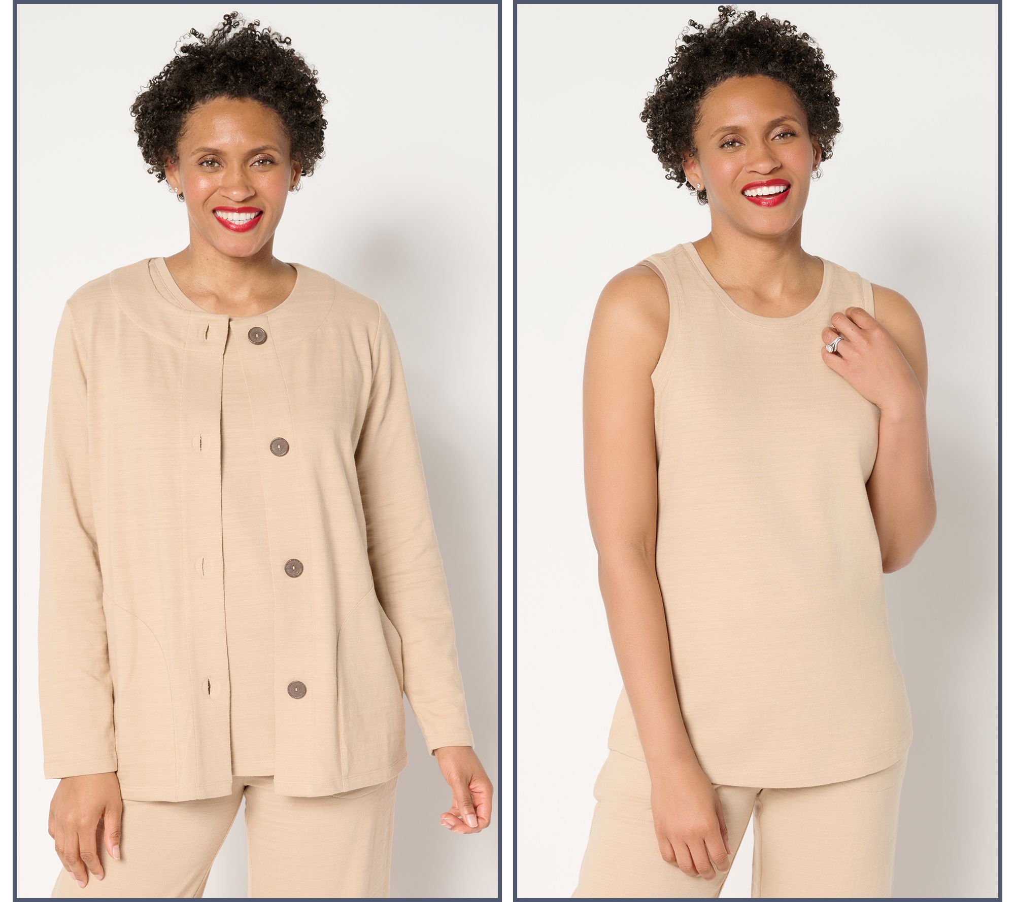 Denim & Co. Active Petite Textured Cotton Cardigan & Tank Twin Set