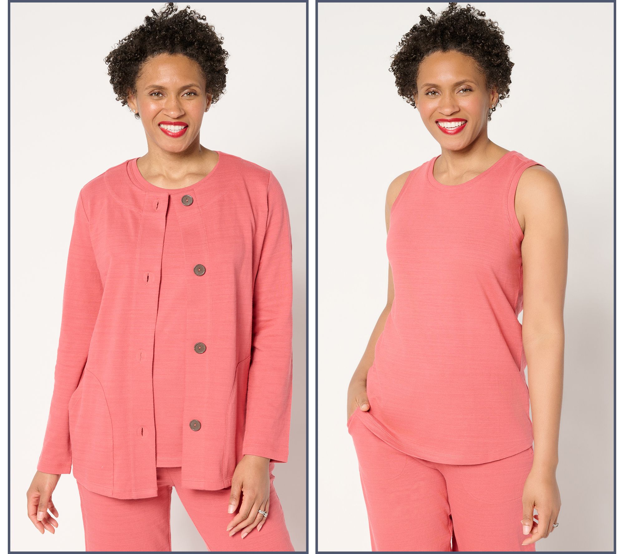 Denim & Co. Active Petite Textured Cotton Cardigan & Tank Twin Set