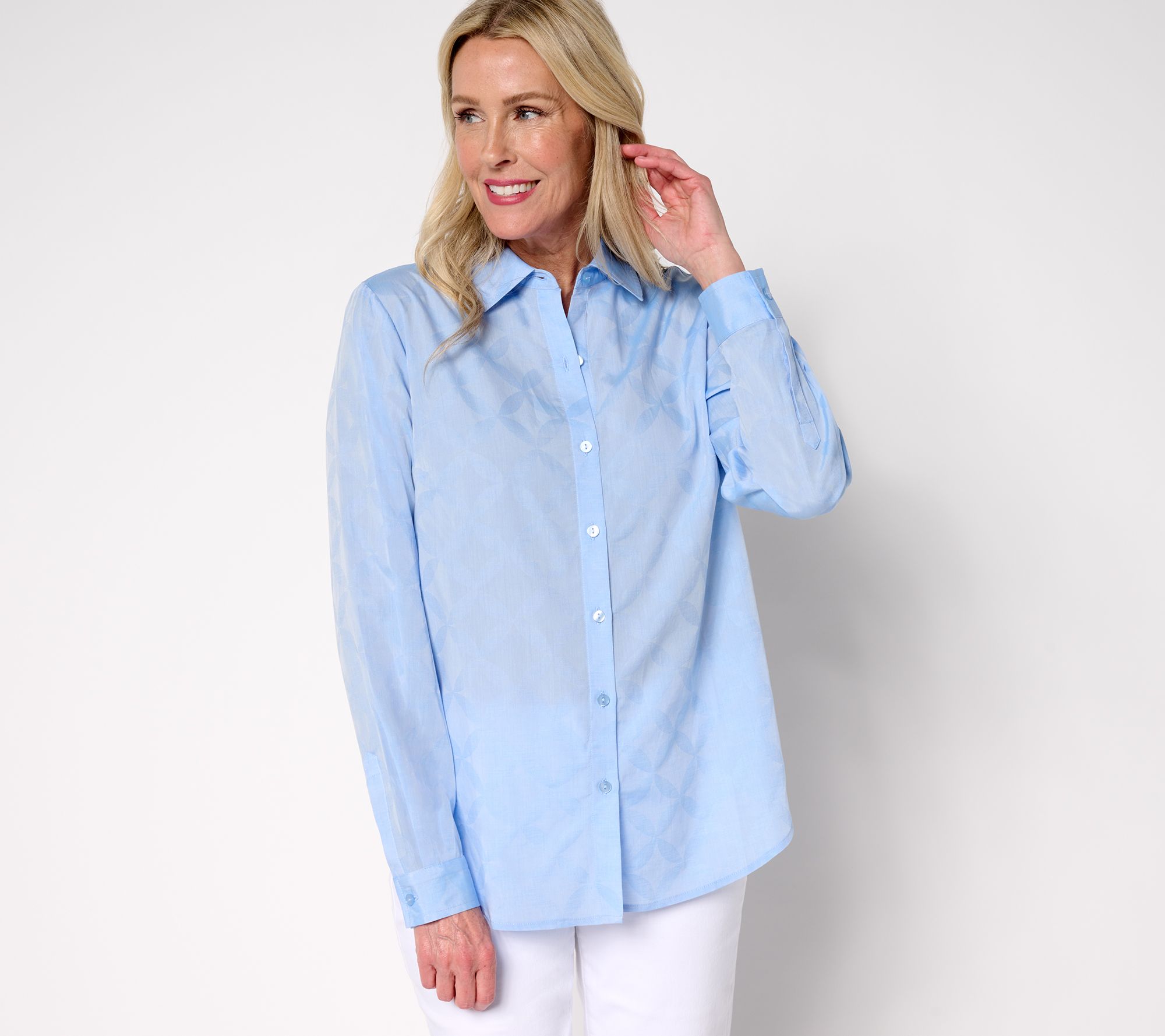 Joan Rivers Cotton Jacquard Geo Button Front Shirt