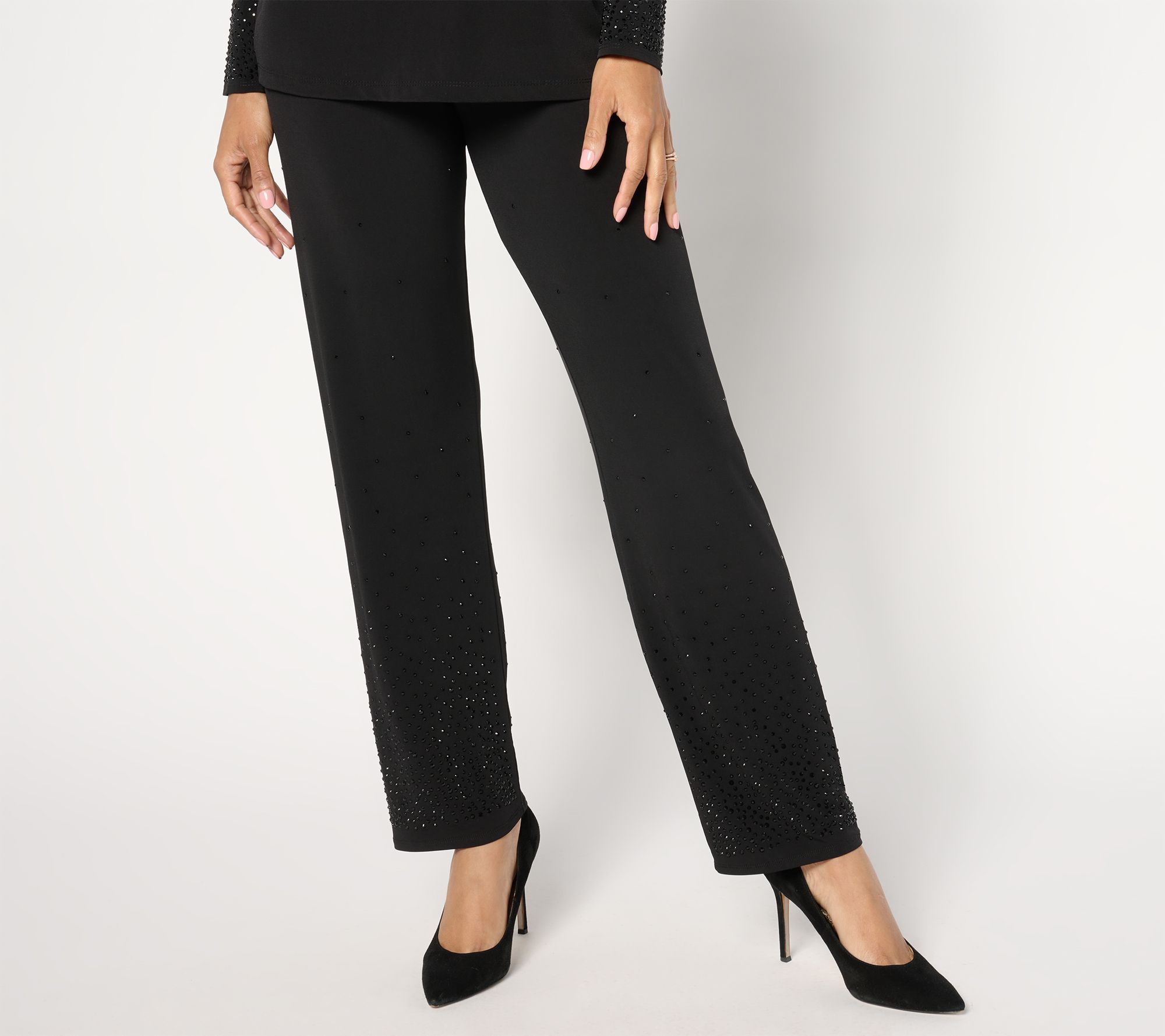 "As Is" Susan Graver Occasion Regular Liquid Knit Pants with Embellishment