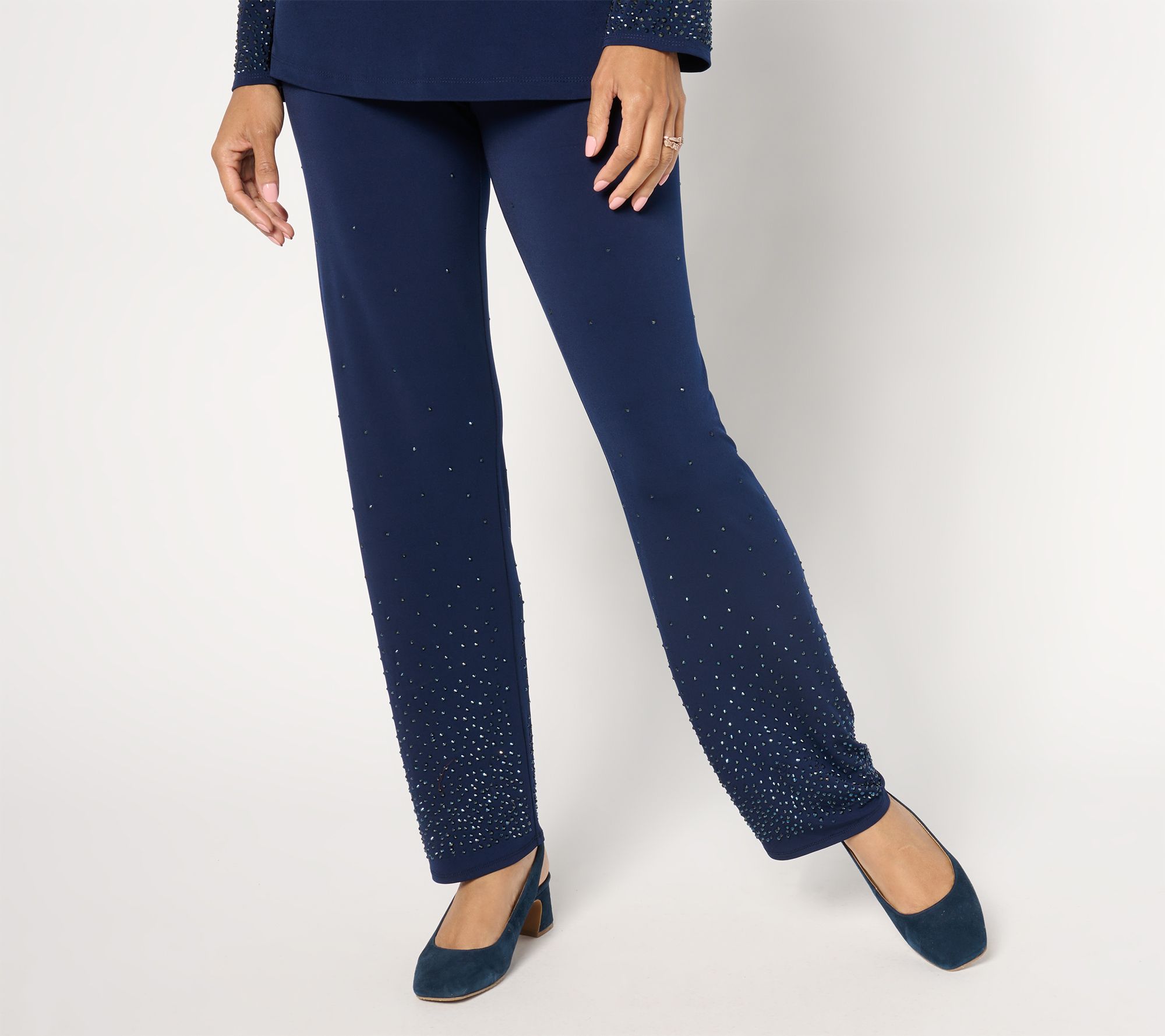 "As Is" Susan Graver Occasion Regular Liquid Knit Pants with Embellishment