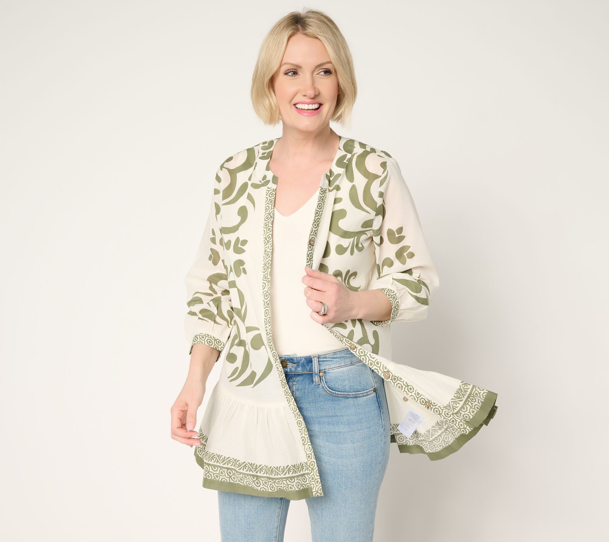 Susan Graver PURE Petite Printed Cotton Duster with Flounced Hem