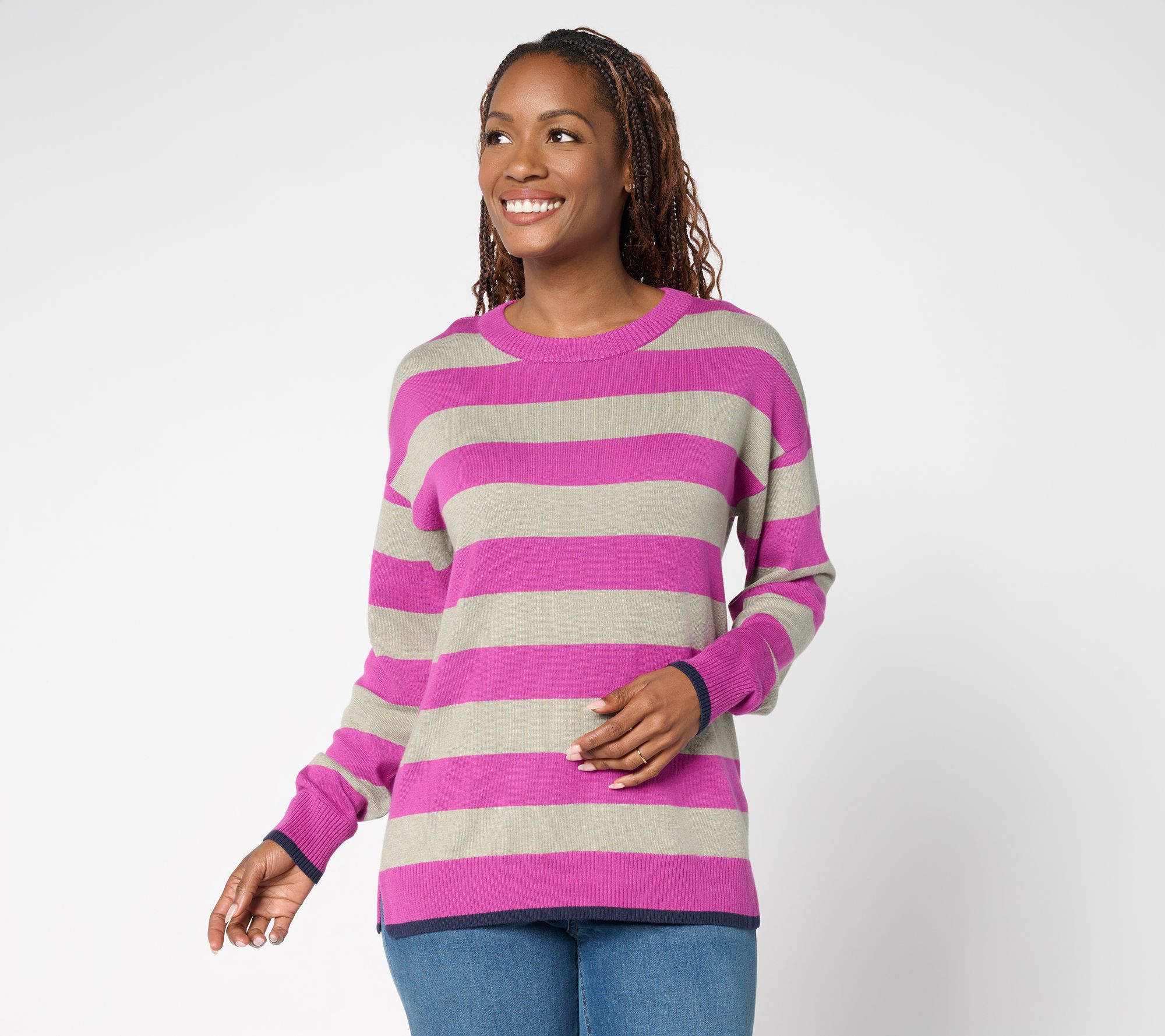 Belle by Kim Gravel Wide Striped Sweater with Pop Tipping