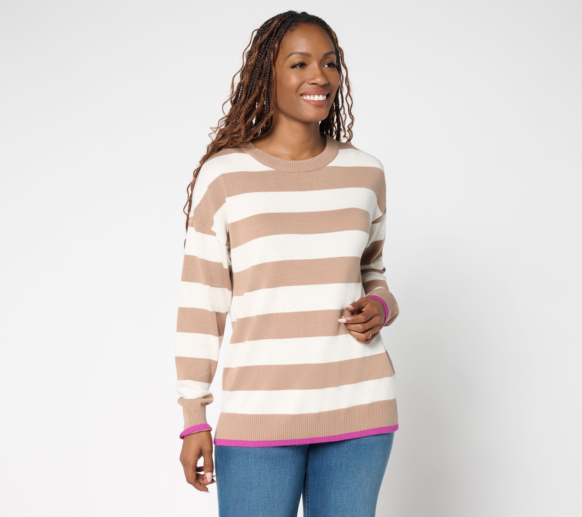 Belle by Kim Gravel Wide Striped Sweater with Pop Tipping