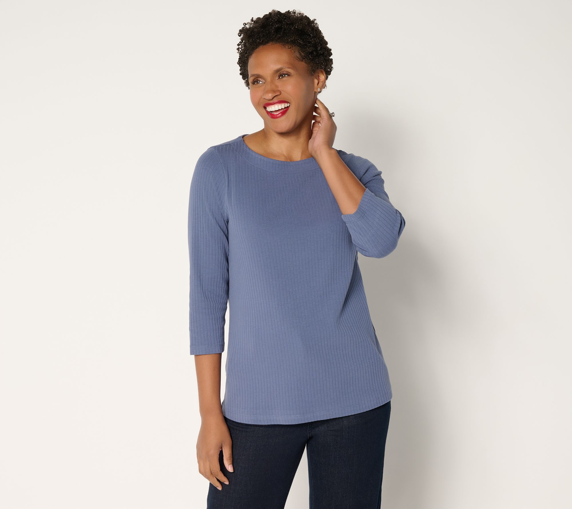 Denim & Co. Essentials Ribbed Boat Neck 3/4 Sleeve Top