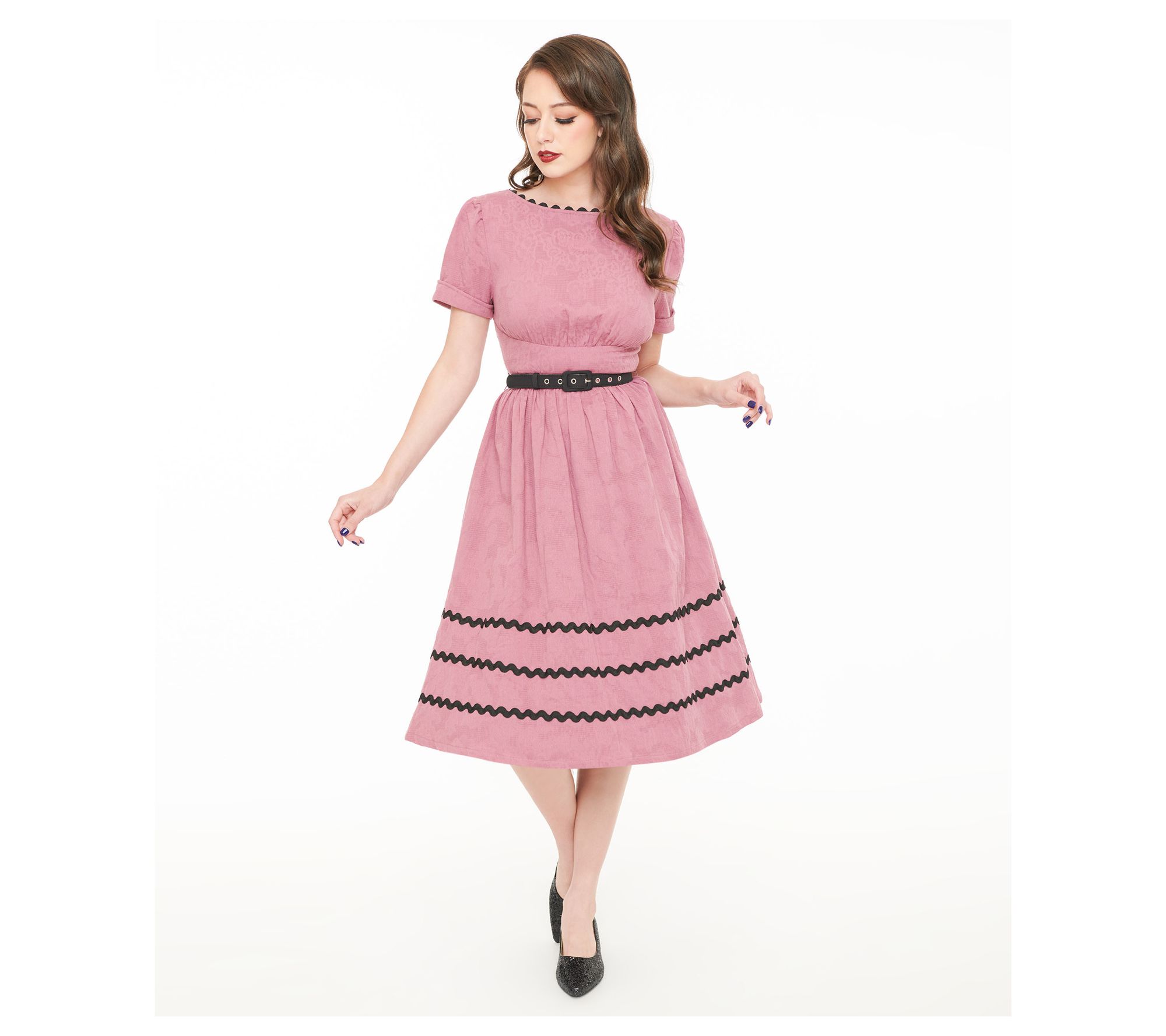 Unique Vintage Berry & Black Cotton Swing Dress
